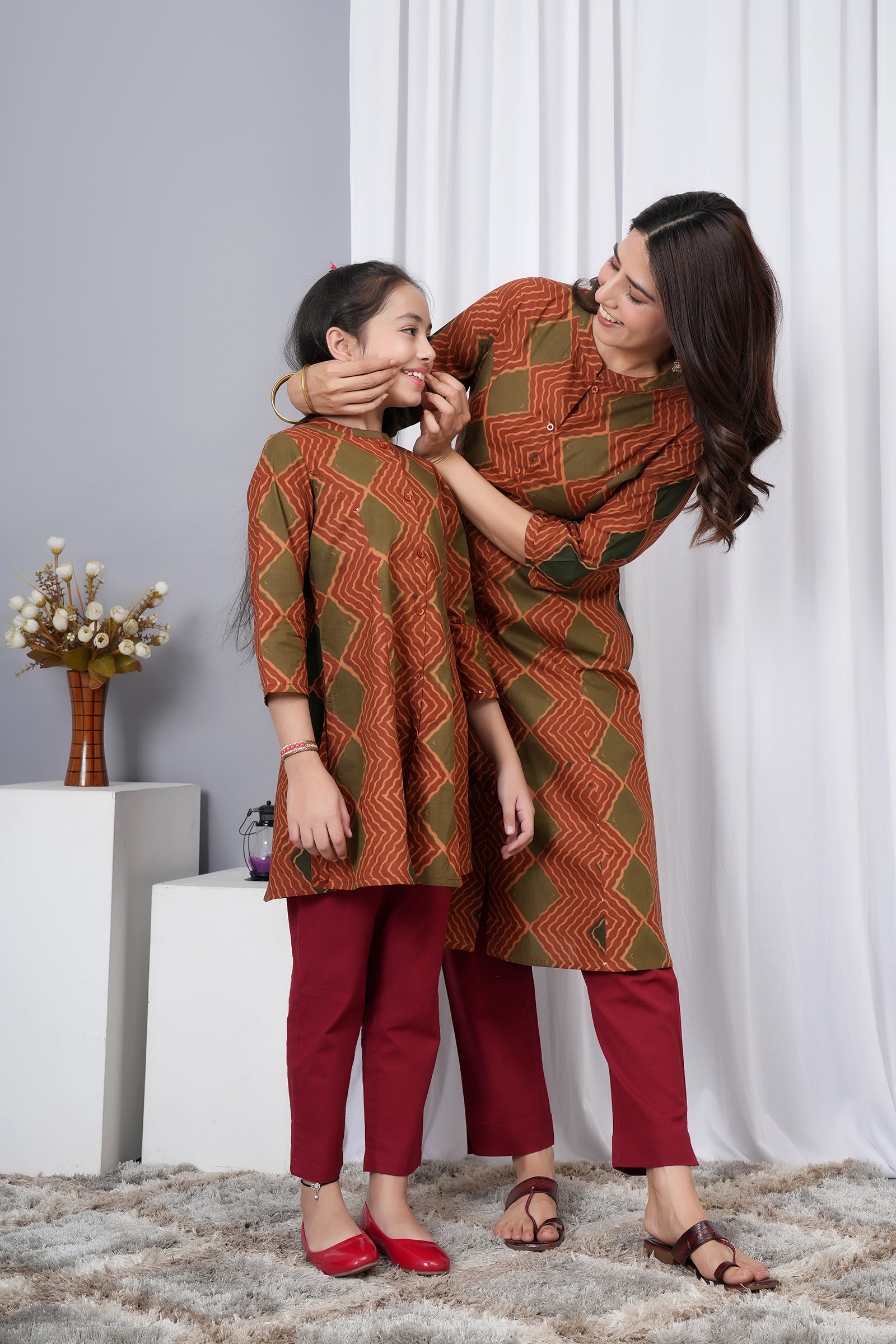 Traditional Printed Burfi Pattern A-Line Kurti Maa Beti Duo - Rusty Brown