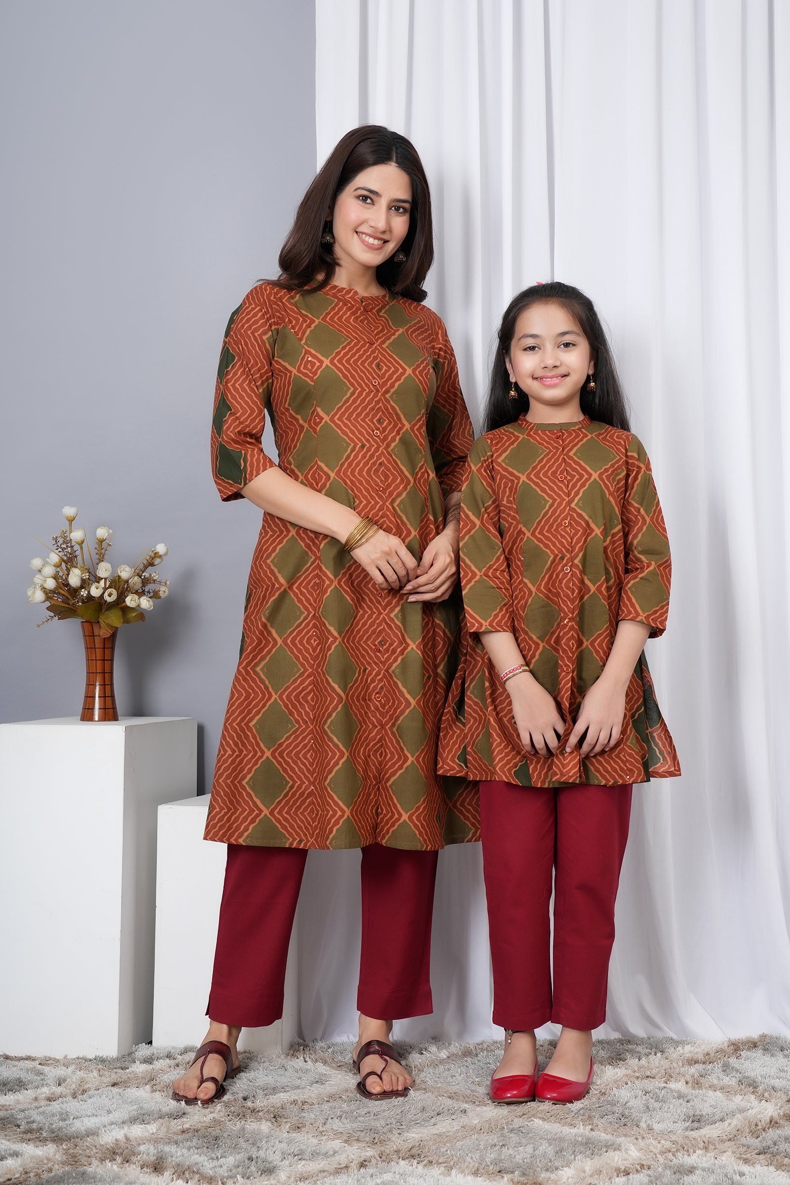 Traditional Printed Burfi Pattern A-Line Kurti Maa Beti Duo - Rusty Brown