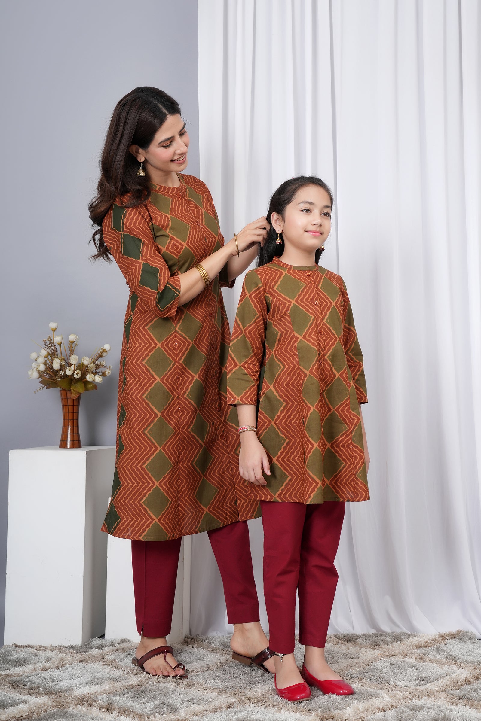 Traditional Printed Burfi Pattern A-Line Kurti Maa Beti Duo - Rusty Brown