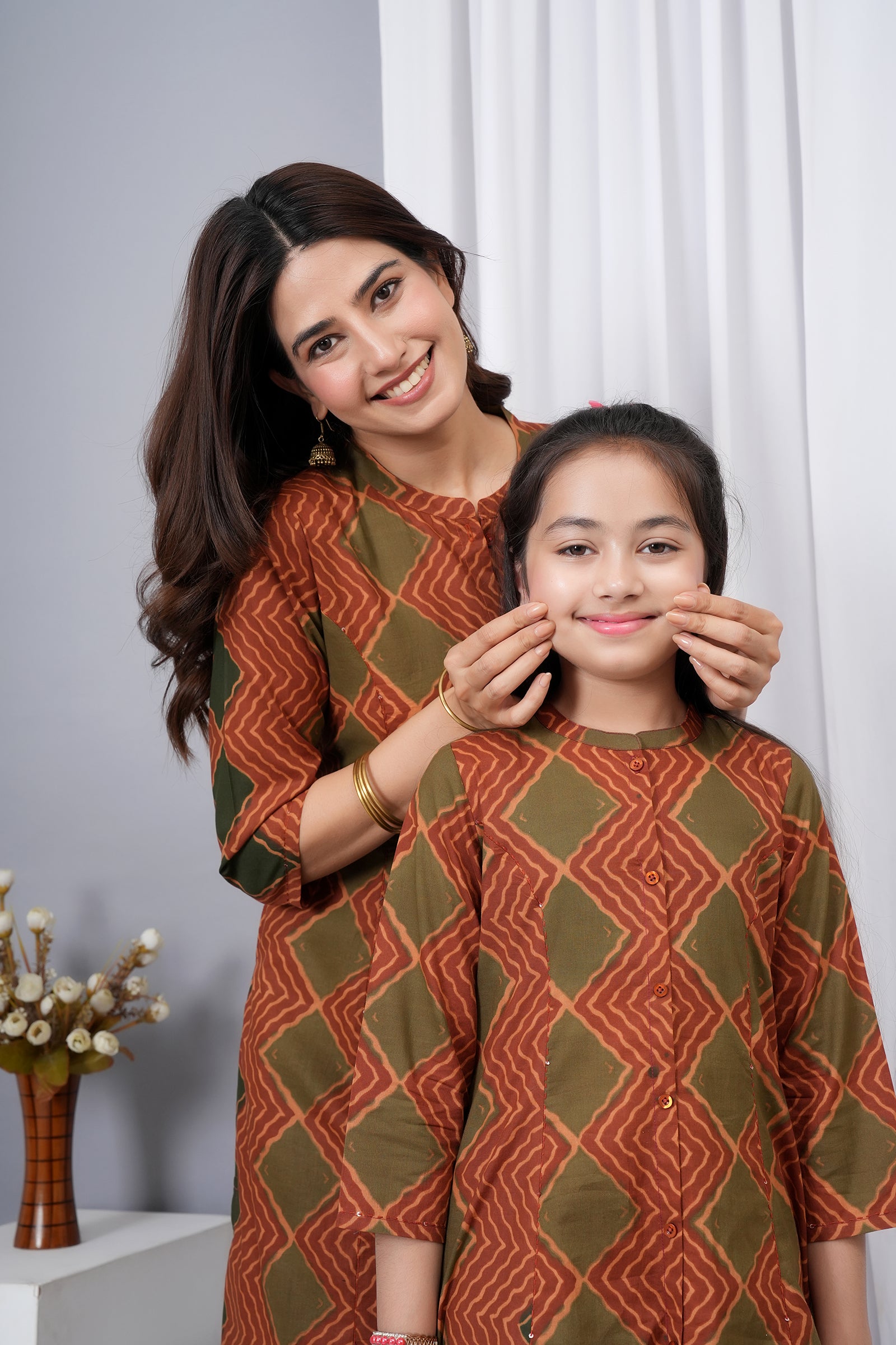 Traditional Printed Burfi Pattern A-Line Kurti Maa Beti Duo - Rusty Brown