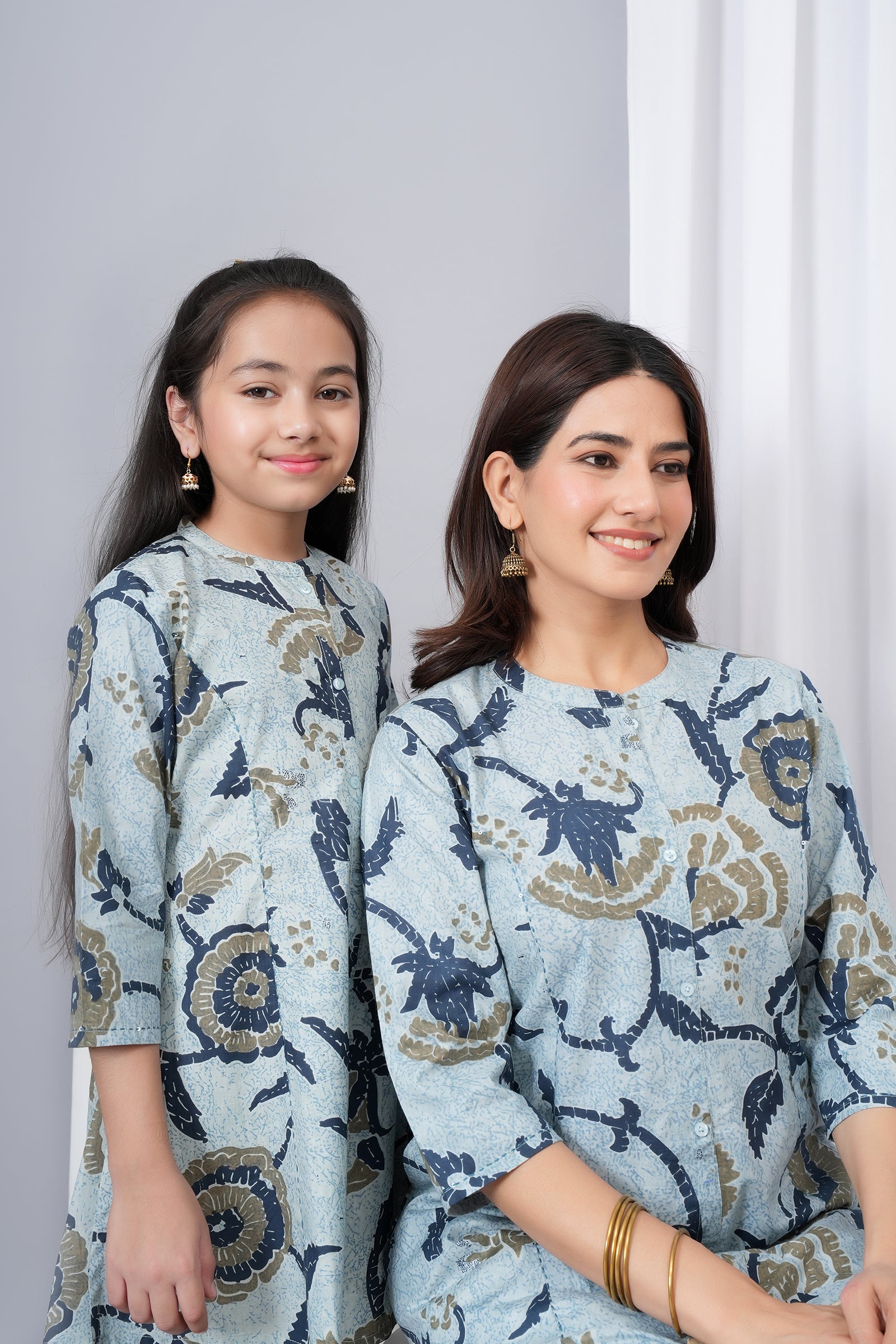 Flower Pattern Printed A-Line Ethnic Kurti Maa Beti Duo - Sky Blue