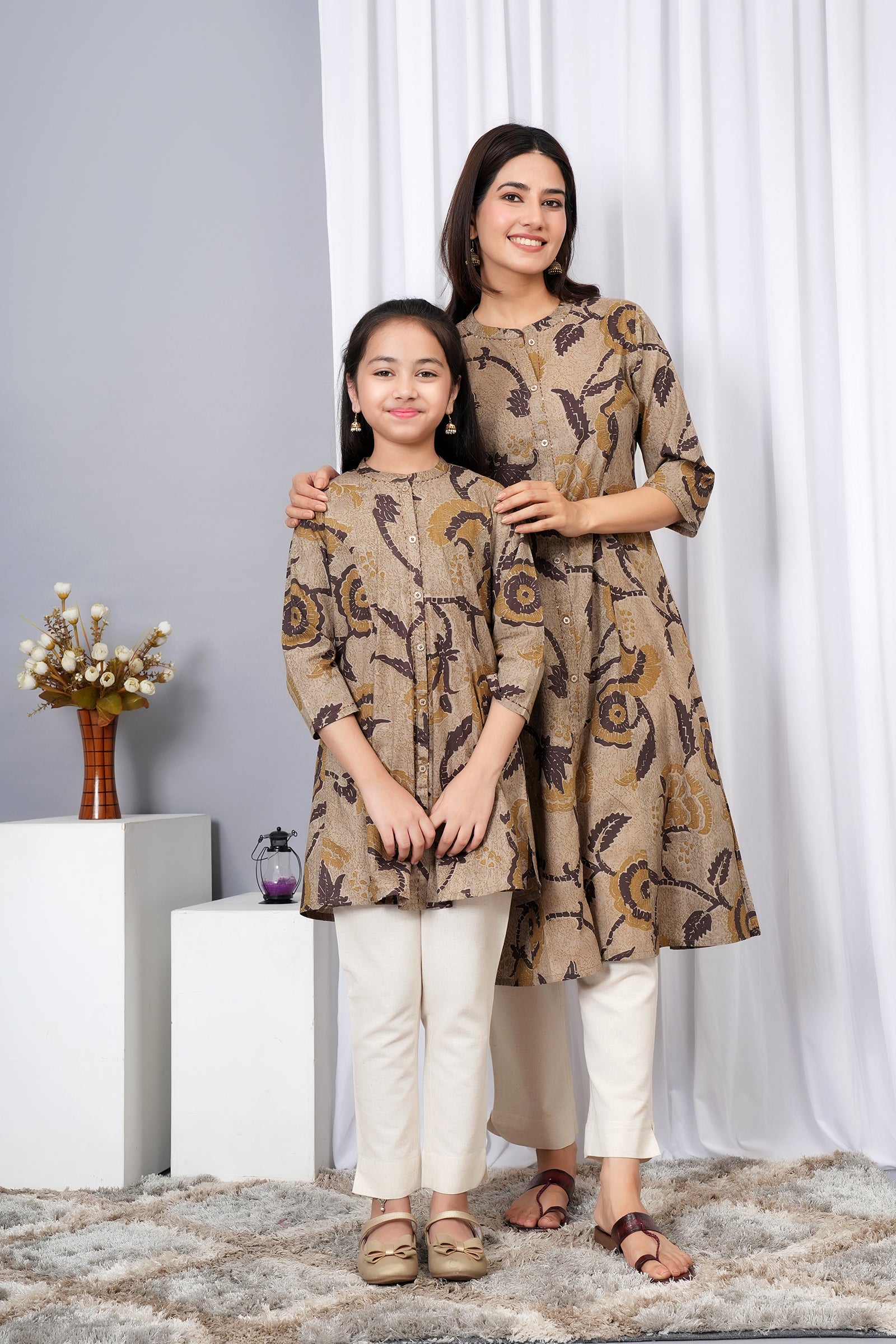 Flower Pattern Printed A-Line Ethnic Kurti Maa Beti Duo - Light Greenish Brown