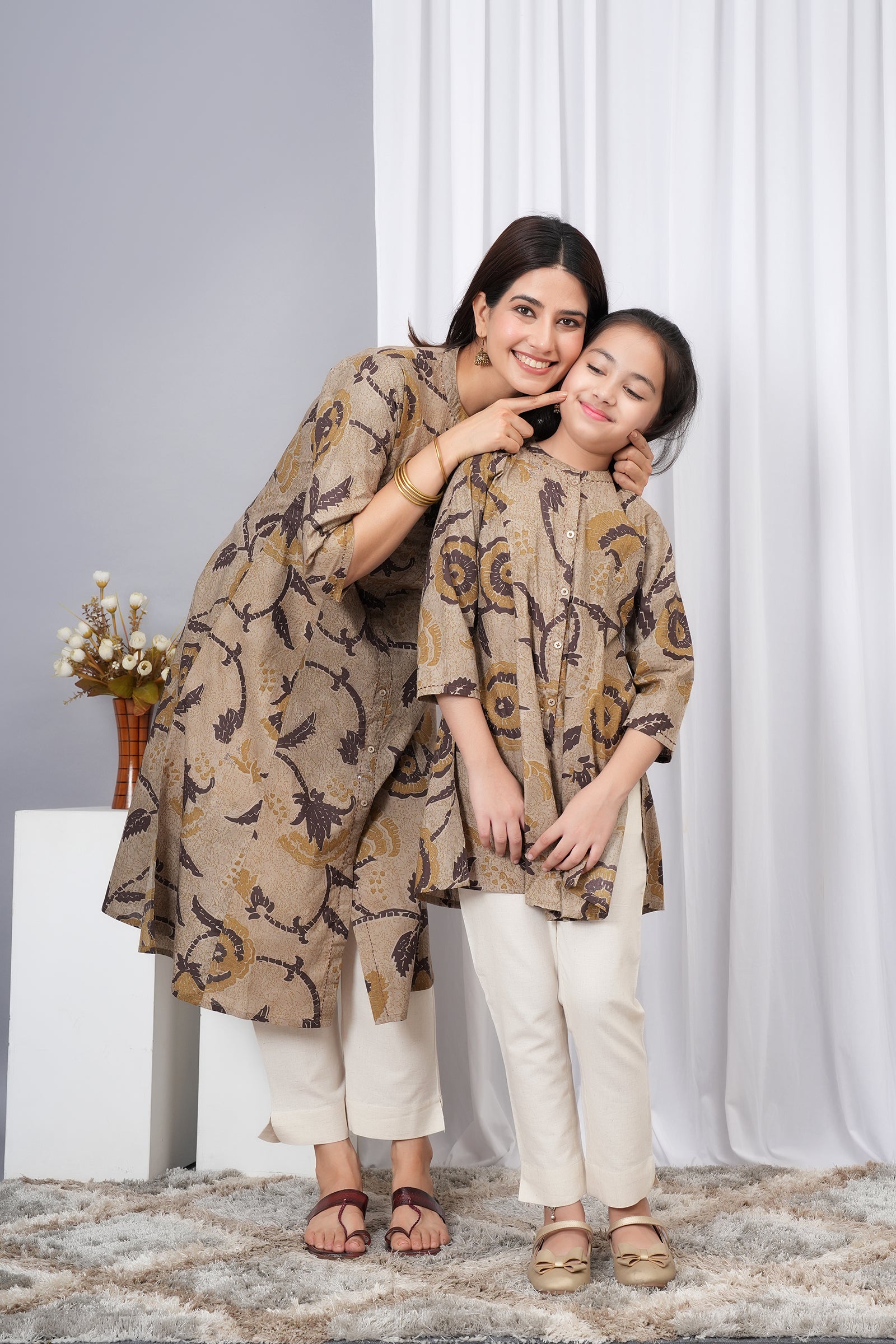 Flower Pattern Printed A-Line Ethnic Kurti Maa Beti Duo - Light Greenish Brown
