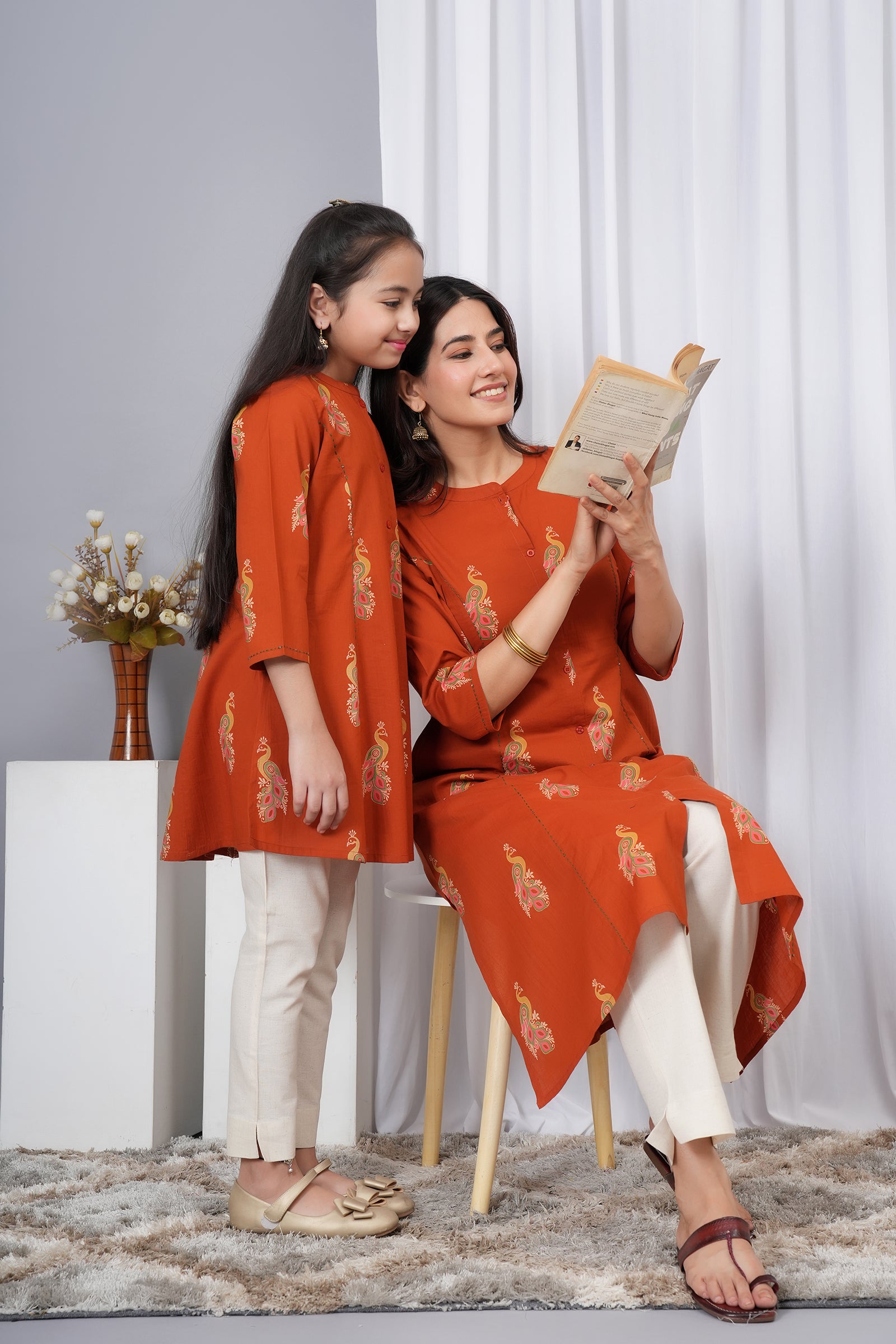 Peacock Printed A-Line Traditional Ethnic Kurti Maa Beti Duo - Rustic Orange