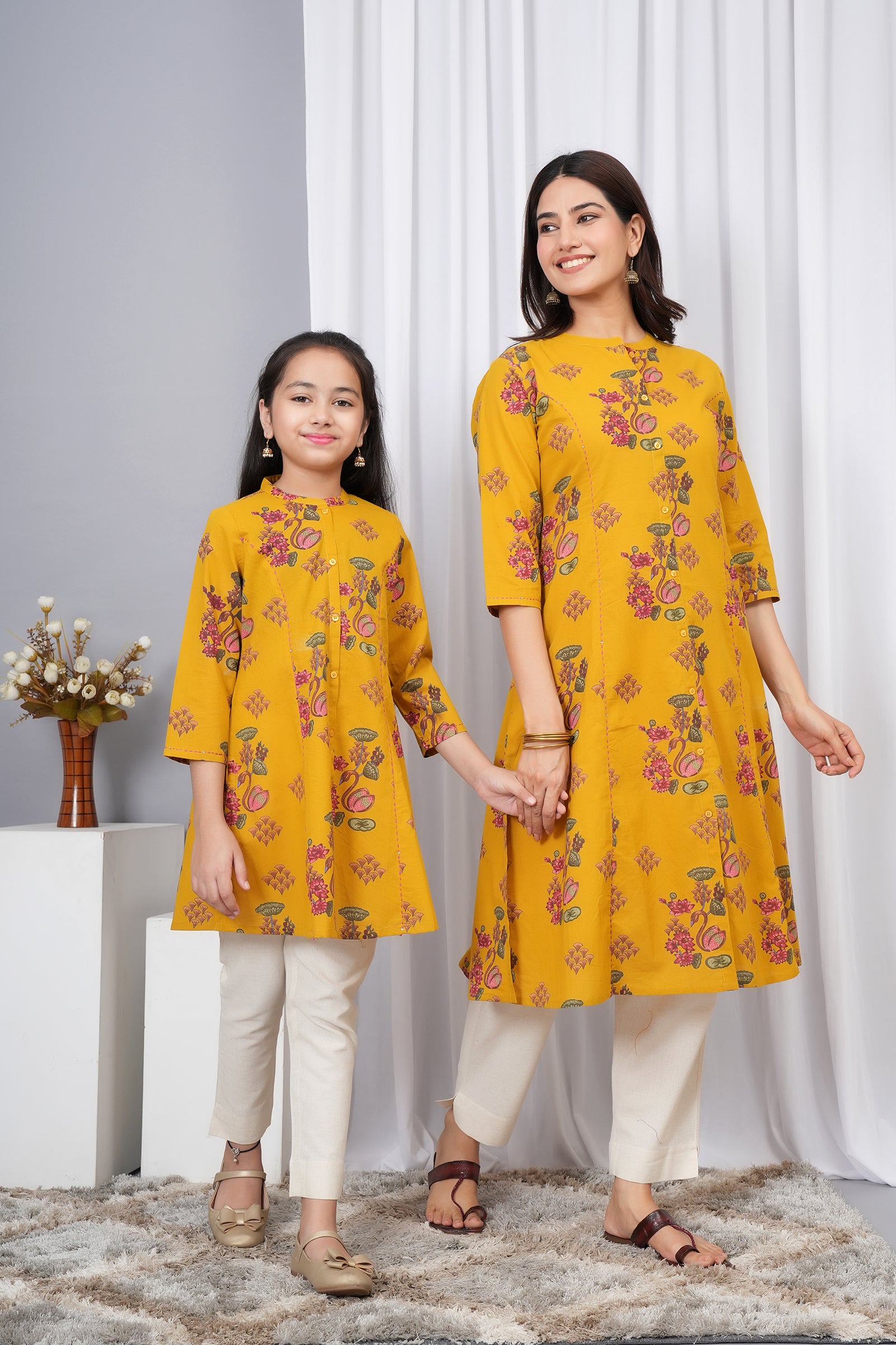 Flower & Peacock Printed A-Line Traditional Ethnic Kurti Maa Beti Duo - Yellow