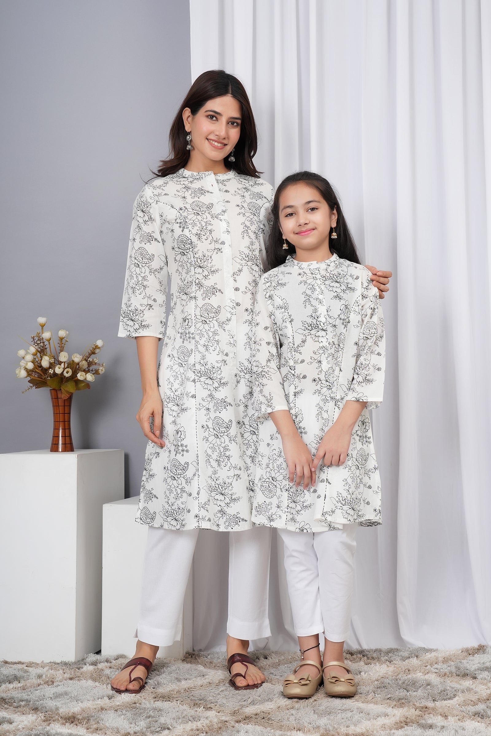 White and Black Floral Printed Maa Beti Kurta Set