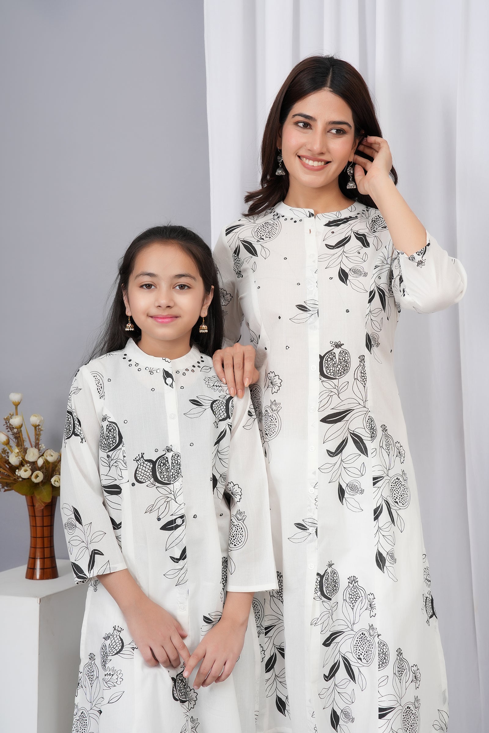 White and Black Large Floral Print Maa Beti Kurta Set