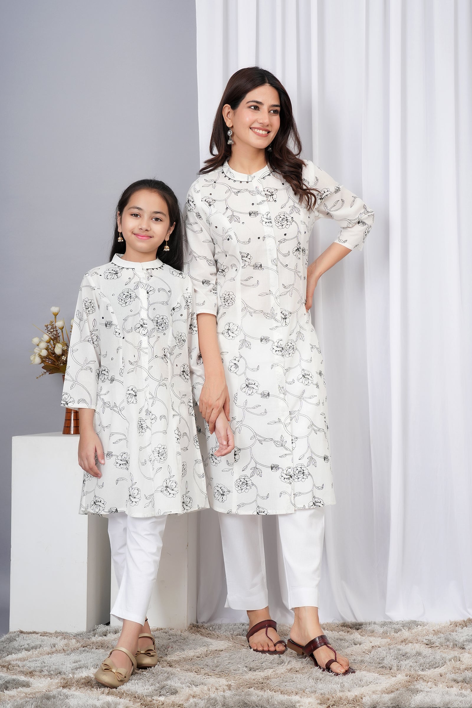 White with Black Full Body Floral Print Maa Beti Kurta Set