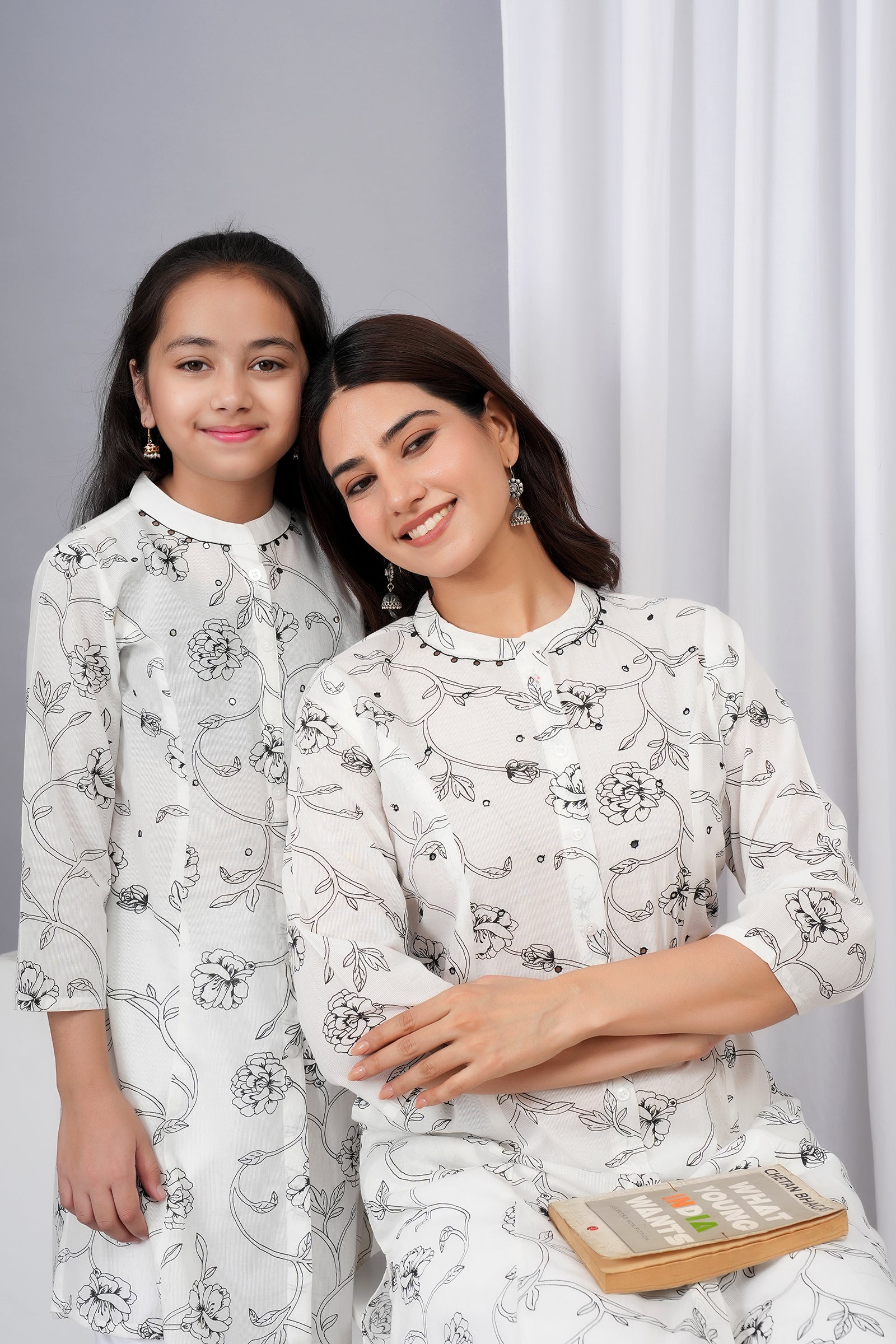 White with Black Full Body Floral Print Maa Beti Kurta Set