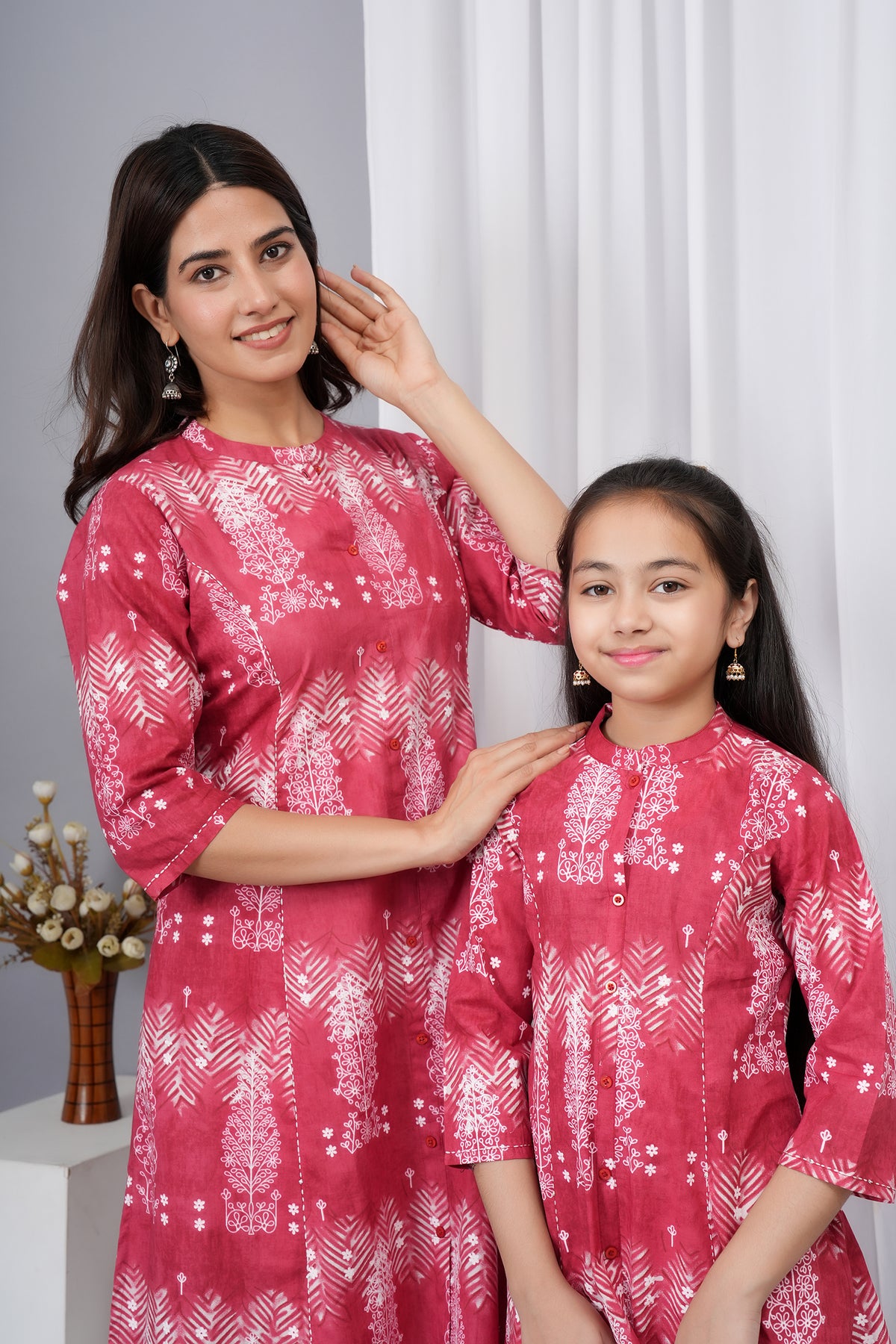 Elegant Floral And Leafy Pattern Rich Berry Pink Kurti For Beti