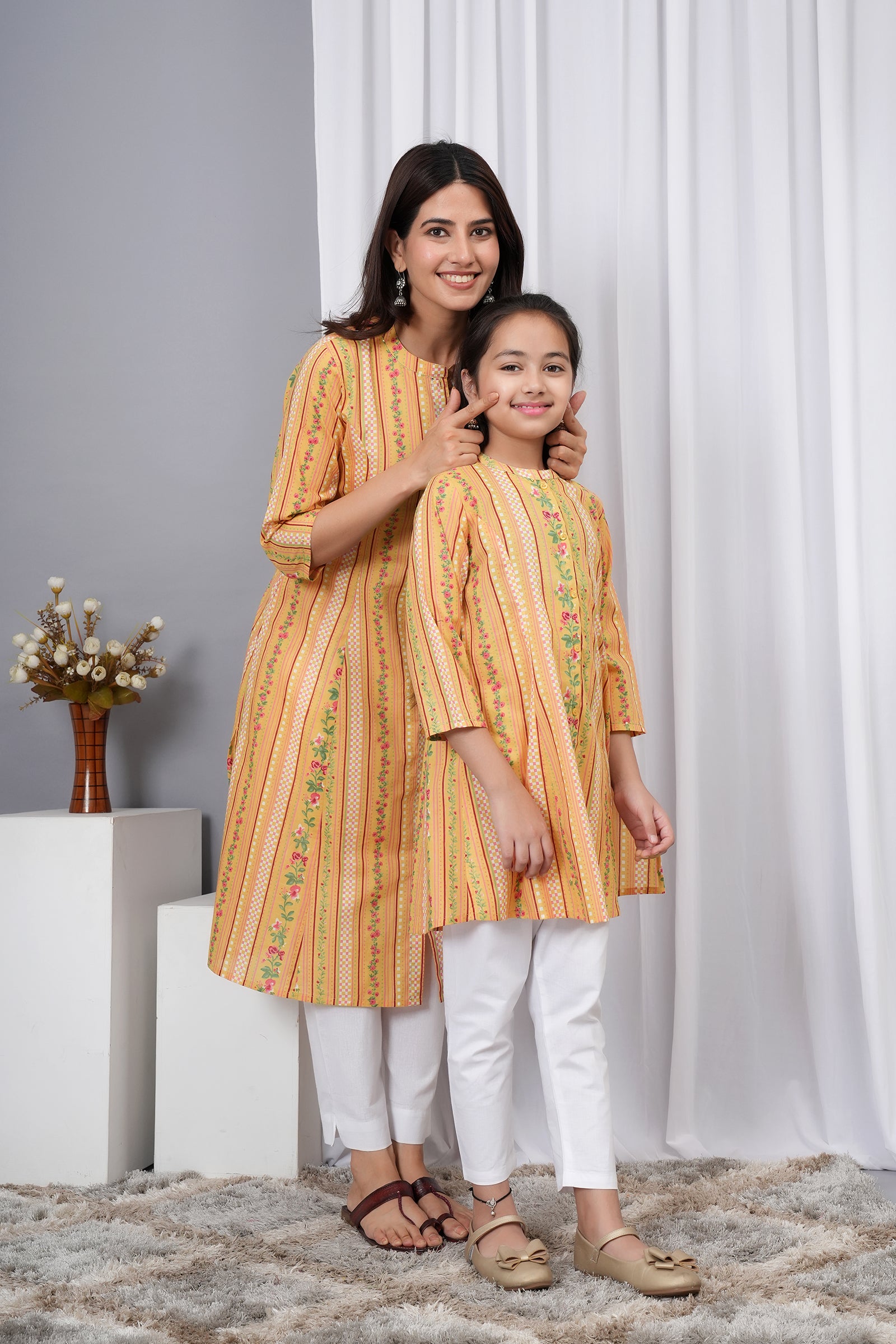Flower Petal Printed A-Line Ethnic Kurti Maa Beti Duo - Yellow