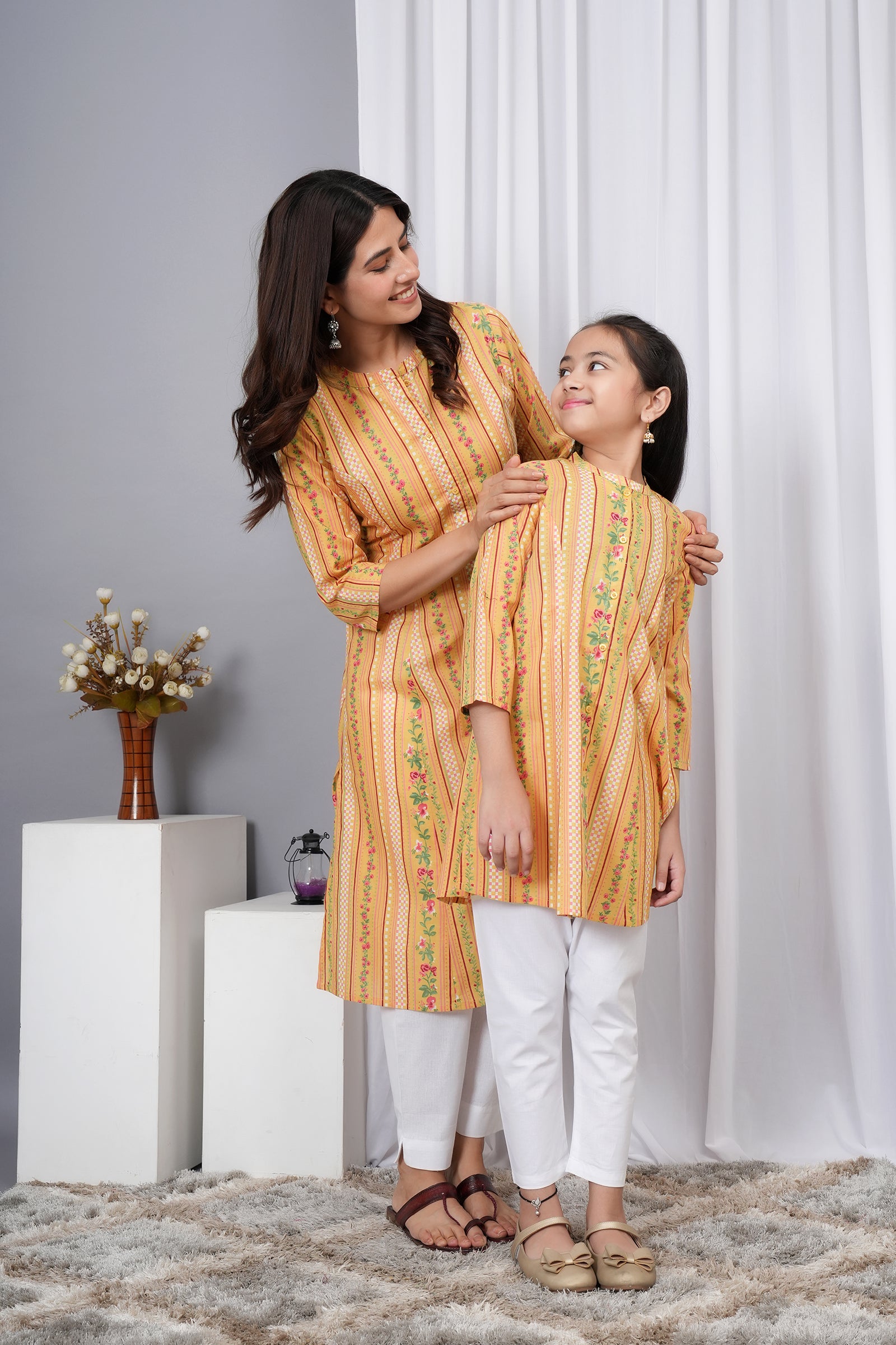 Flower Petal Printed A-Line Ethnic Kurti Maa Beti Duo - Yellow