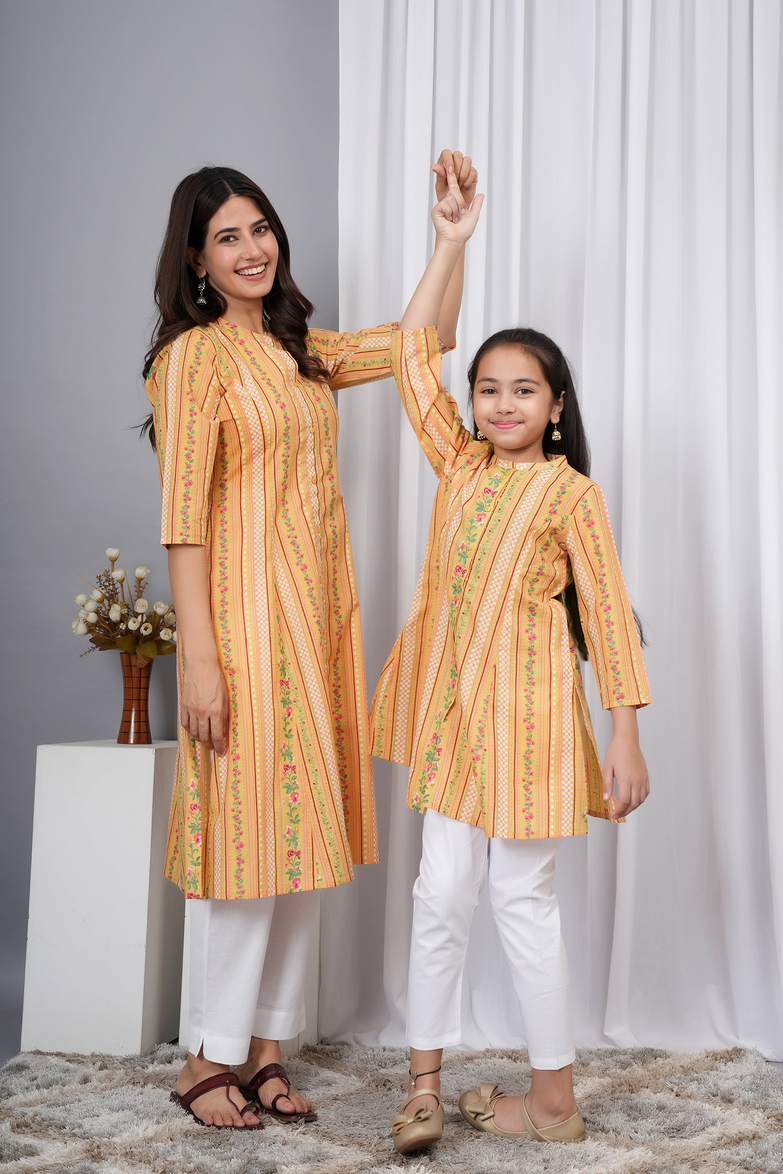Flower Petal Printed A-Line Ethnic Kurti Maa Beti Duo - Yellow