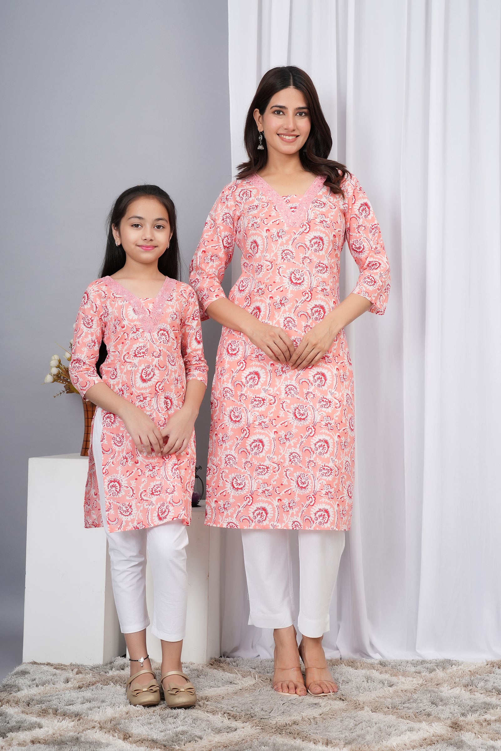 Traditional Floral Printed Embroidered V Neck Ethnic Kurti Maa Beti Duo - Peach