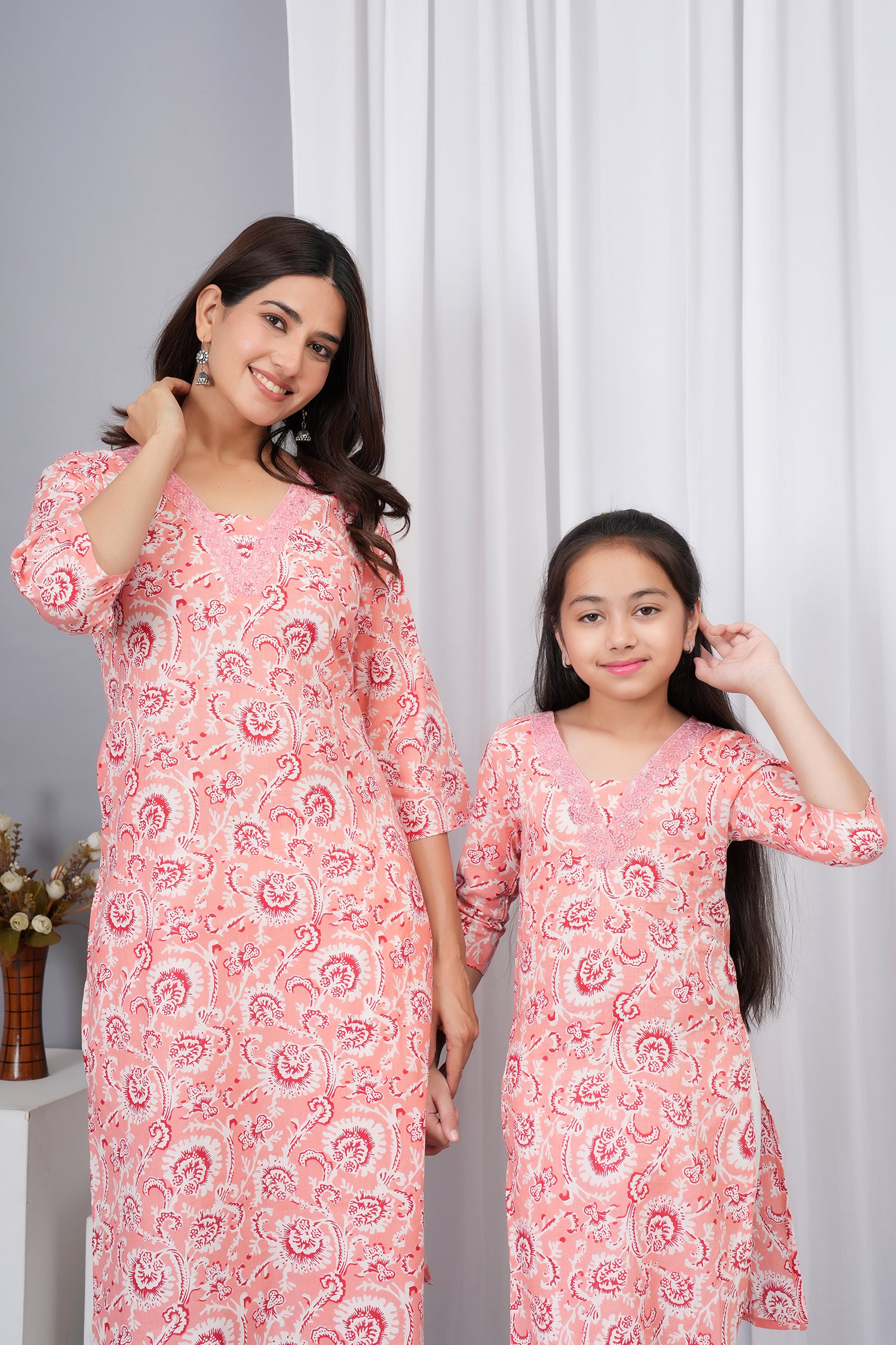 Traditional Floral Printed Embroidered V Neck Ethnic Kurti Maa Beti Duo - Peach