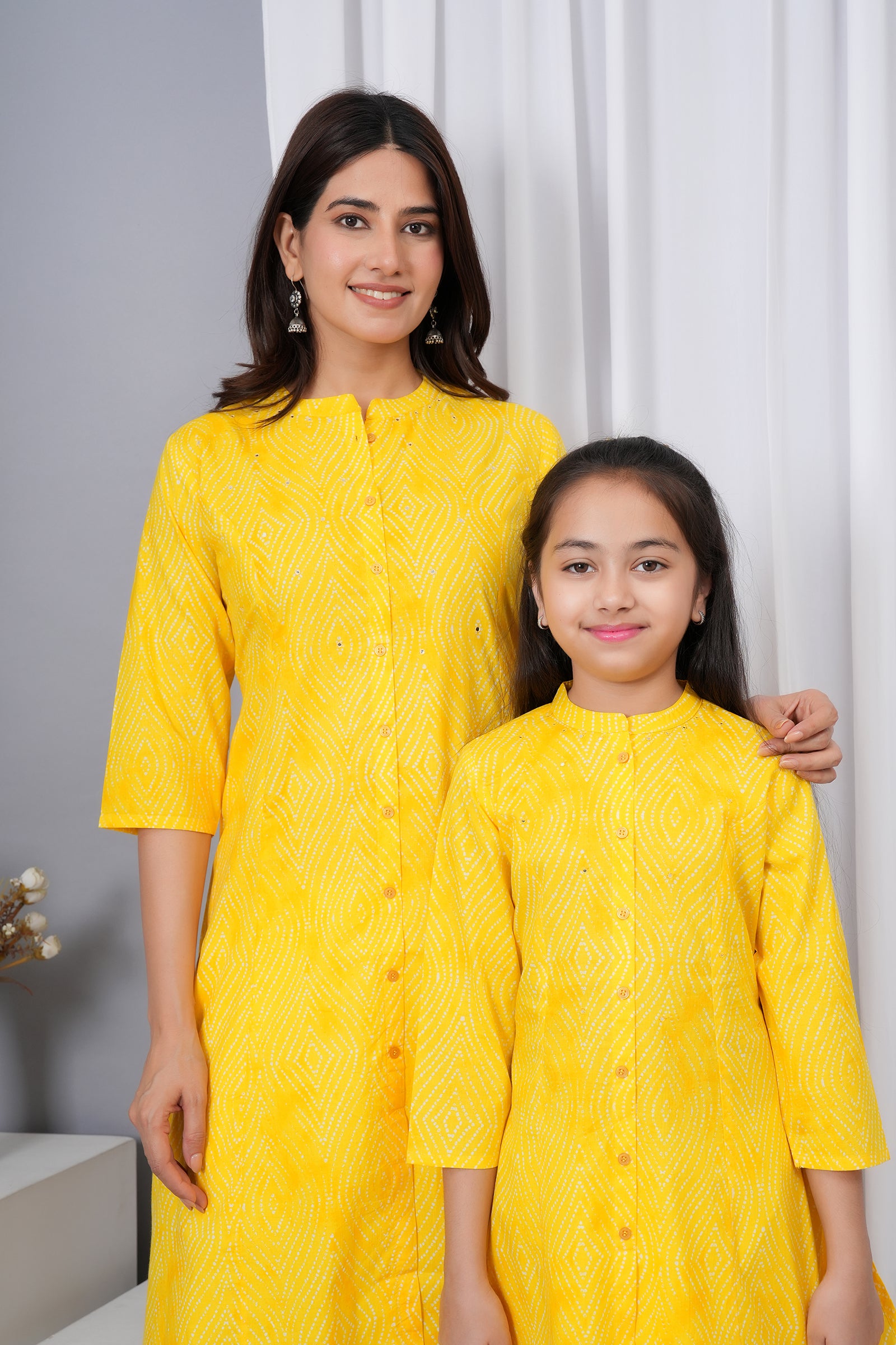 Pattern Printed Traditional Solid Kurti for Maa Beti Duo - Yellow