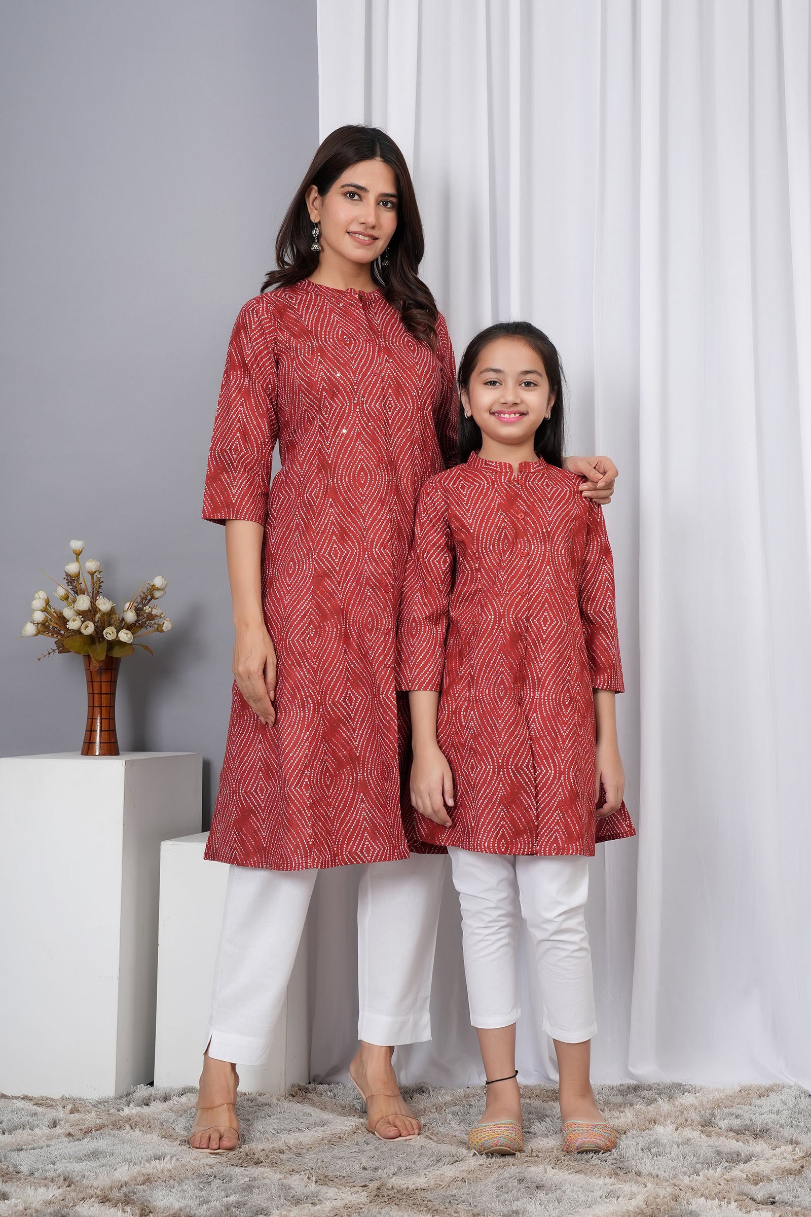 Pattern Printed Traditional Solid Kurti for Maa Beti Duo - Red
