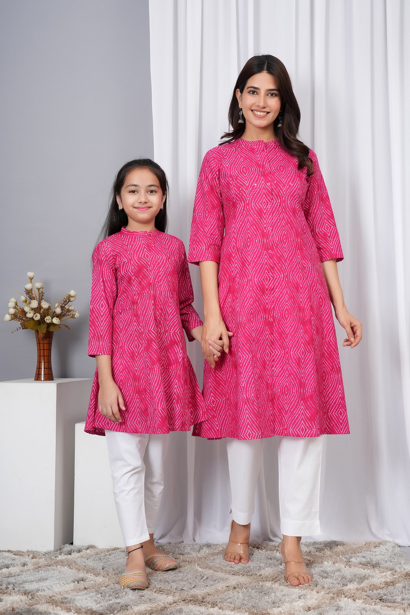 Pattern Printed Traditional Solid Kurti for Maa Beti Duo - Pink