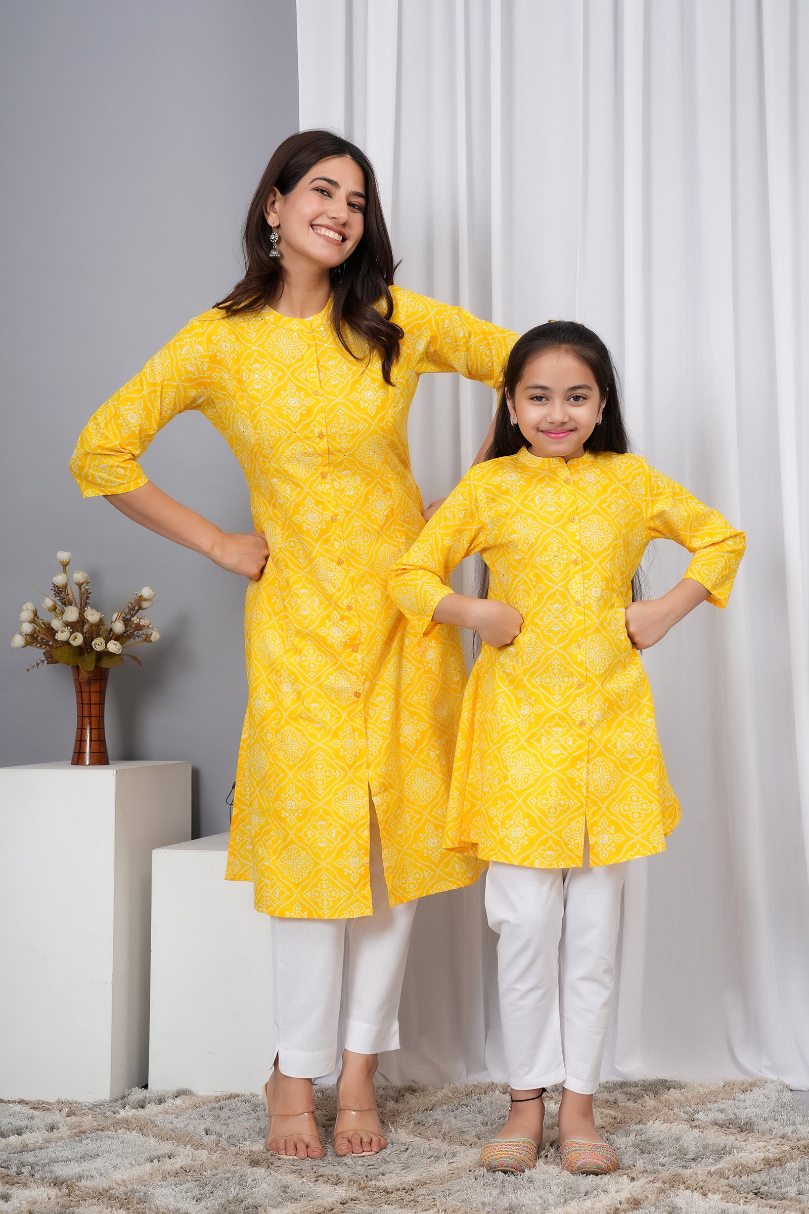 Motif Pattern Printed Traditional Solid Kurti for Maa Beti Duo - Yellow
