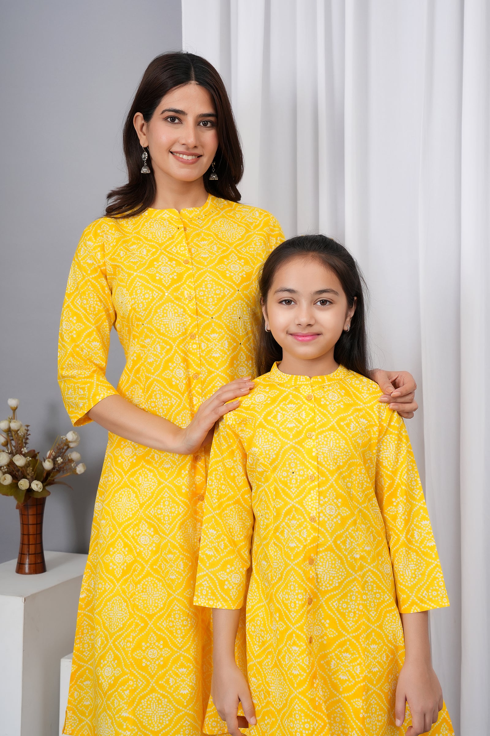 Motif Pattern Printed Traditional Solid Kurti for Maa Beti Duo - Yellow