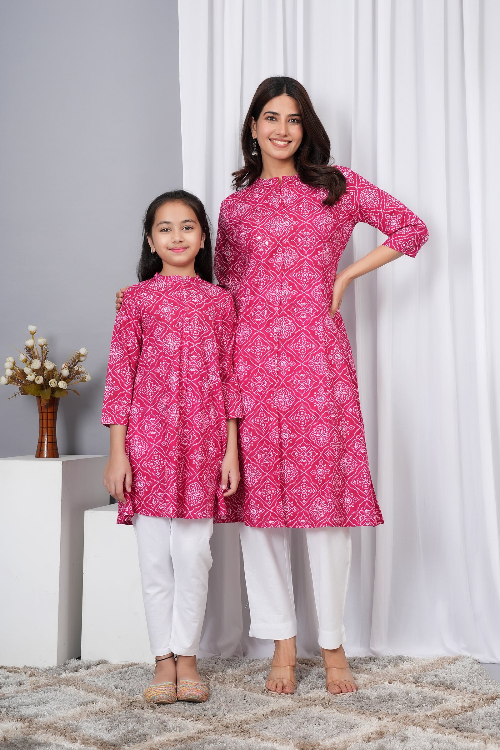 Motif Pattern Printed Traditional Solid Kurti for Maa Beti Duo - Pink