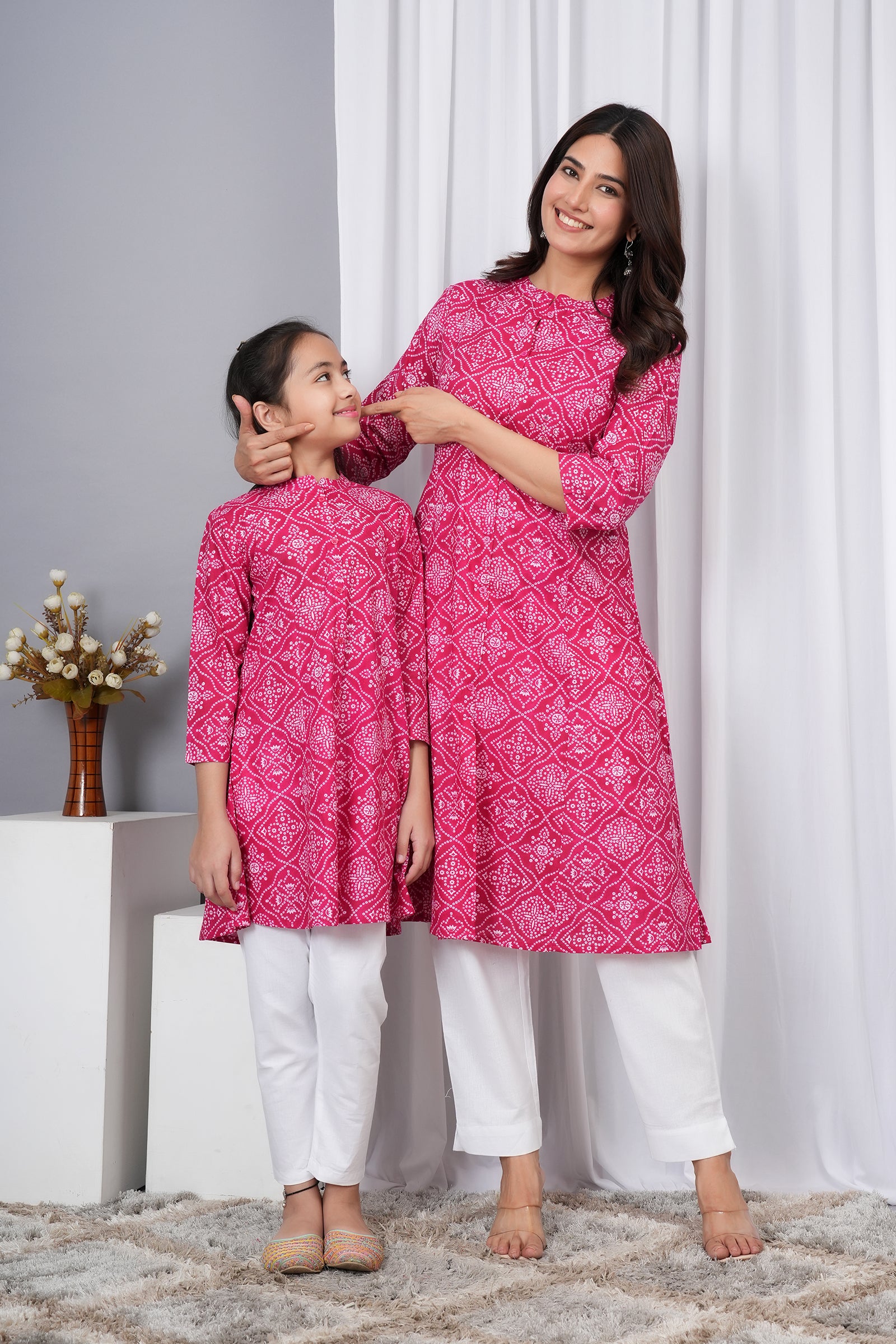 Motif Pattern Printed Traditional Solid Kurti for Maa Beti Duo - Pink