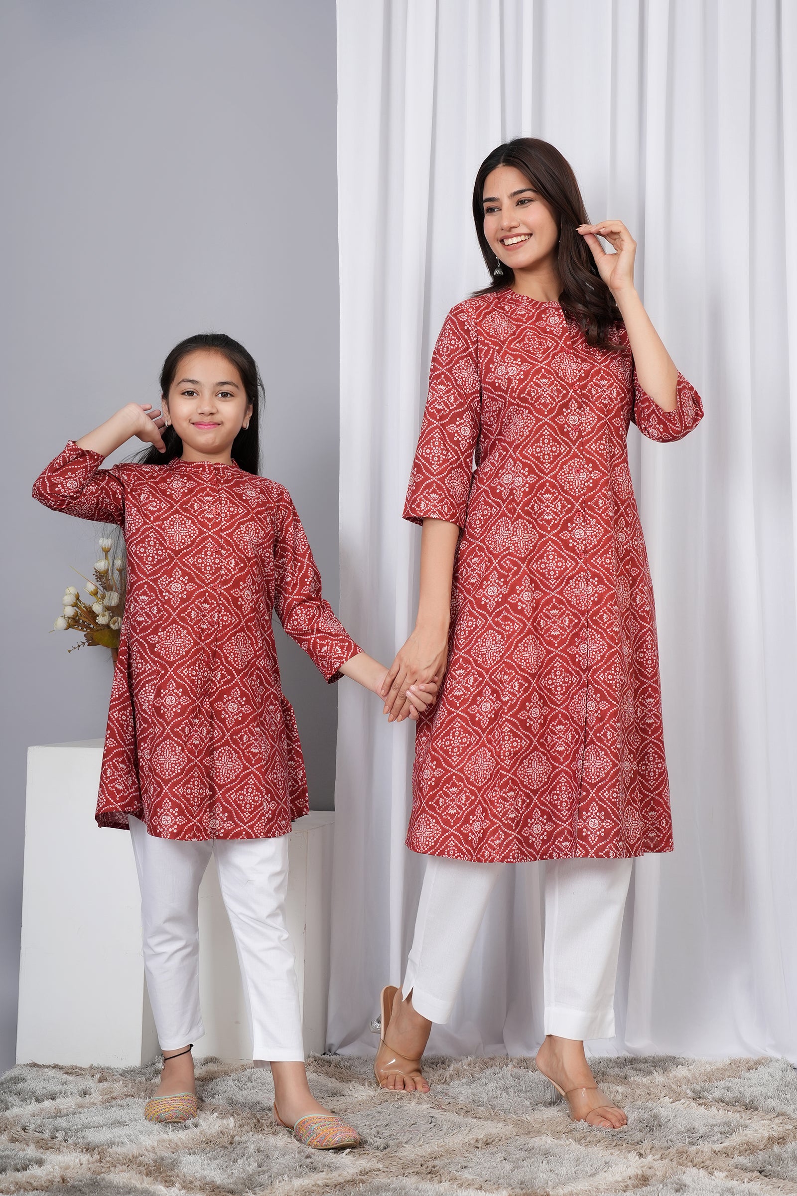 Motif Pattern Printed Traditional Solid Kurti for Maa Beti Duo - Red