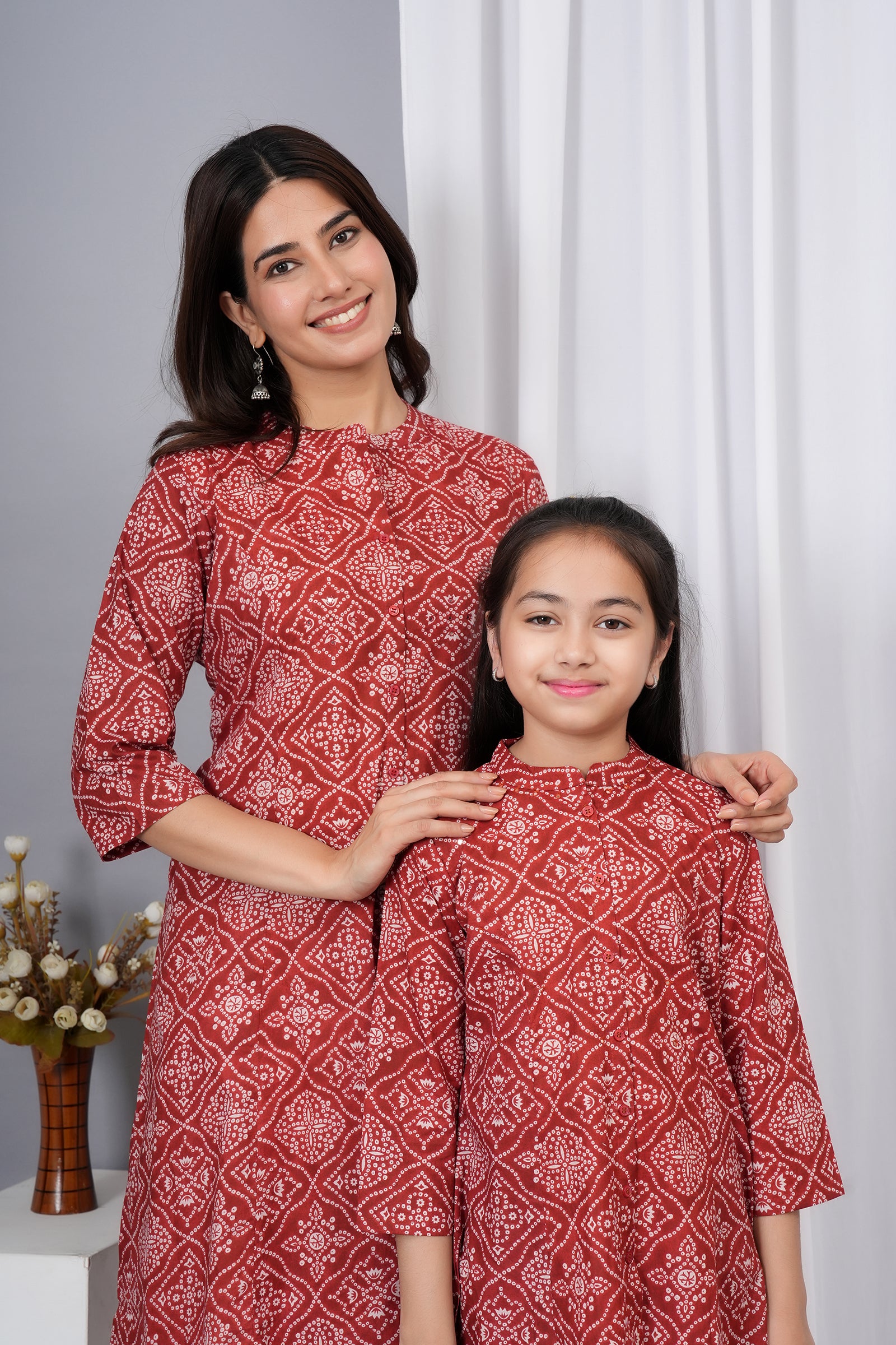 Motif Pattern Printed Traditional Solid Kurti for Maa Beti Duo - Red
