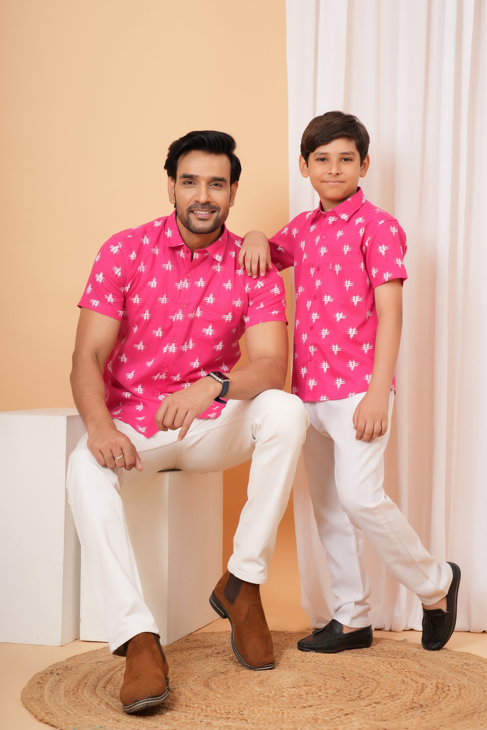 Pink Motif Printed Cotton Baap Beta Duo Shirt