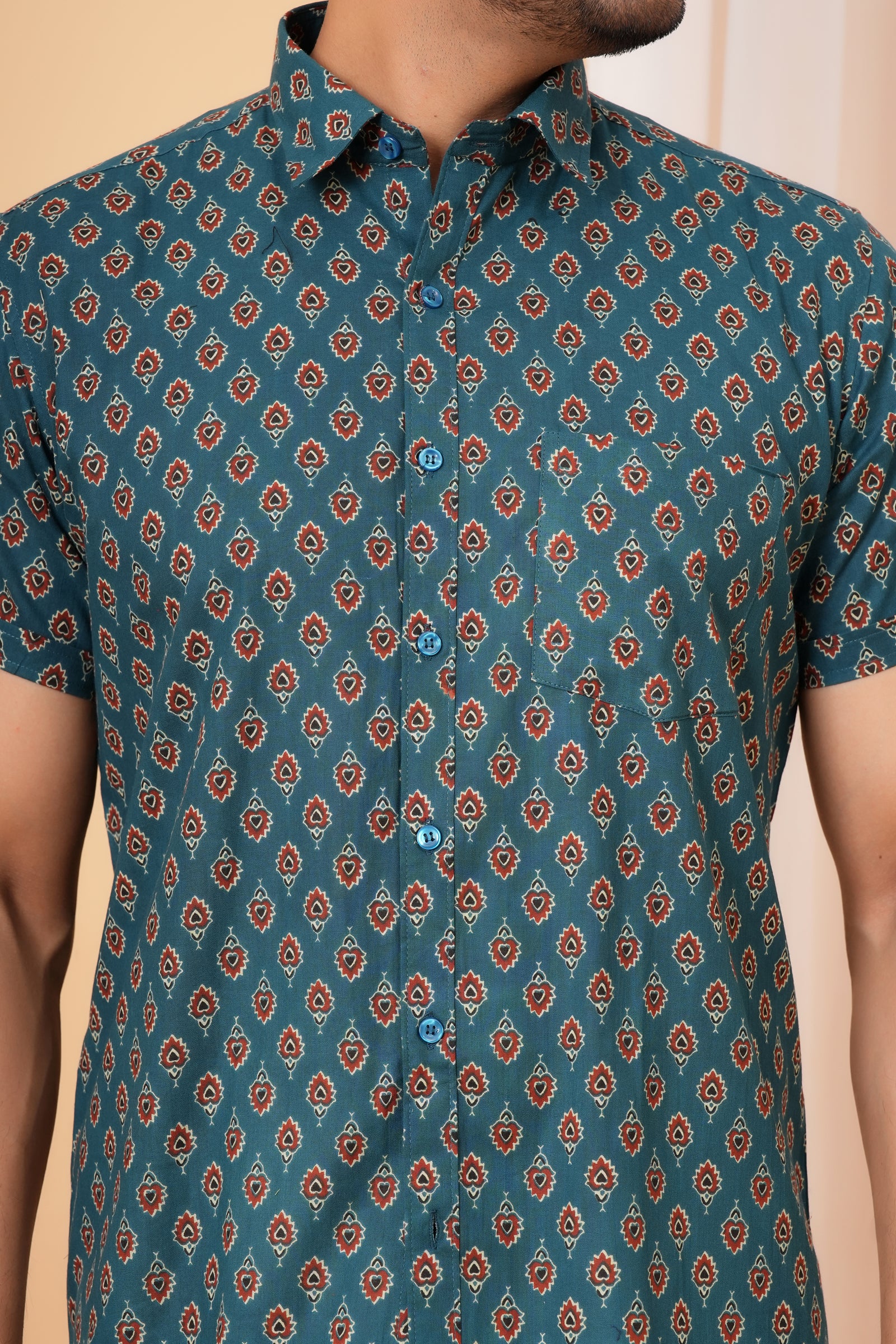 Peacock Green Ajrakh Inspired Printed Cotton Baap Beta Duo Shirt