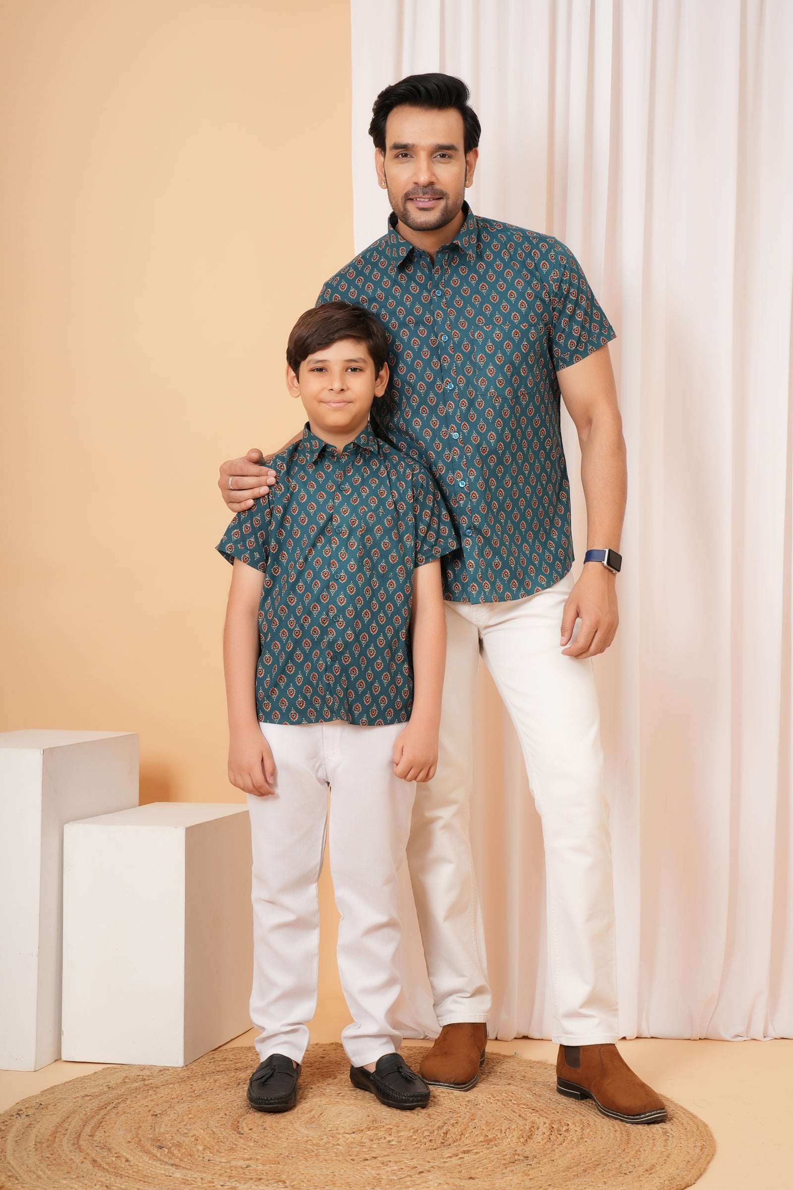 Peacock Green Ajrakh Inspired Printed Cotton Baap Beta Duo Shirt