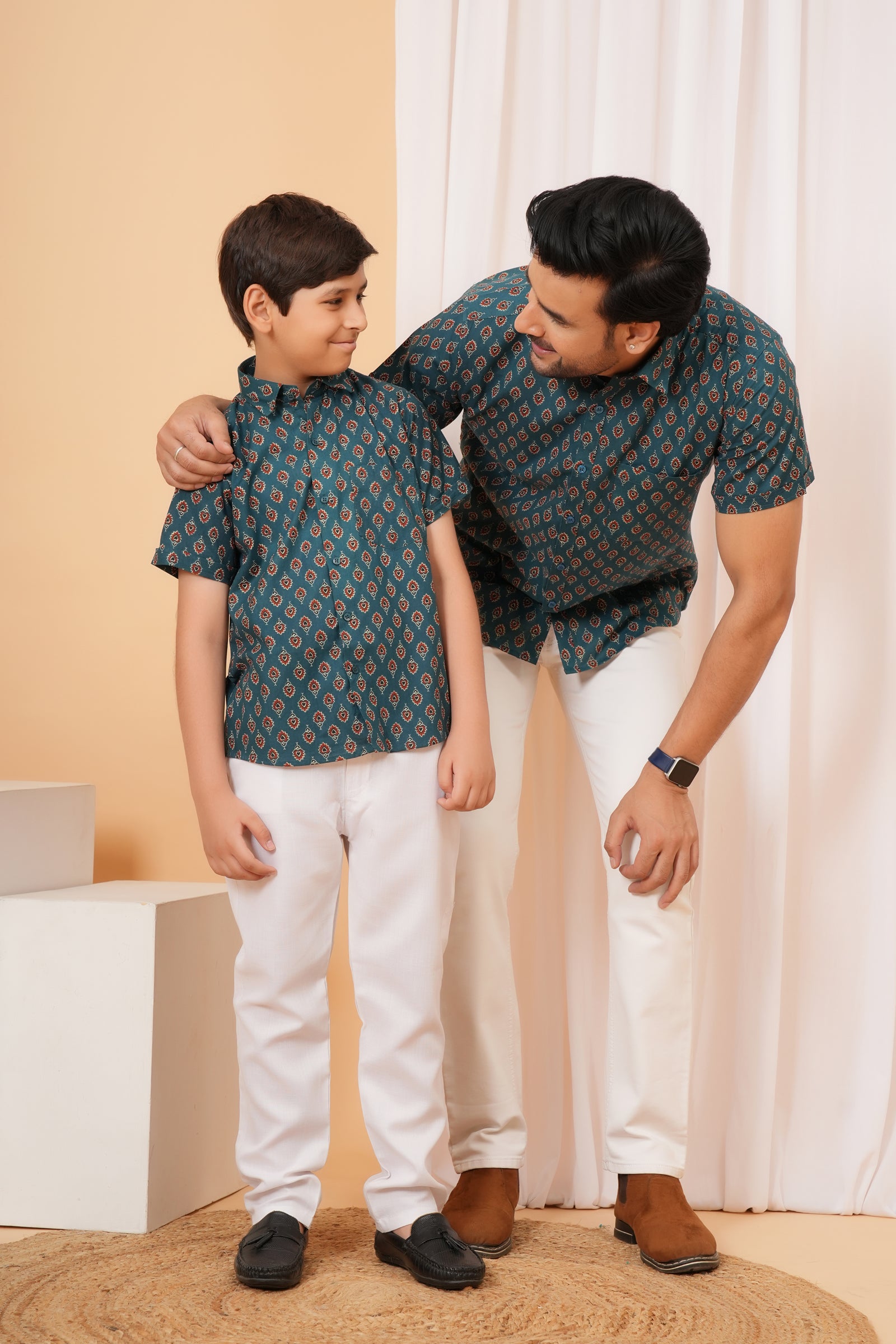 Peacock Green Ajrakh Inspired Printed Cotton Baap Beta Duo Shirt