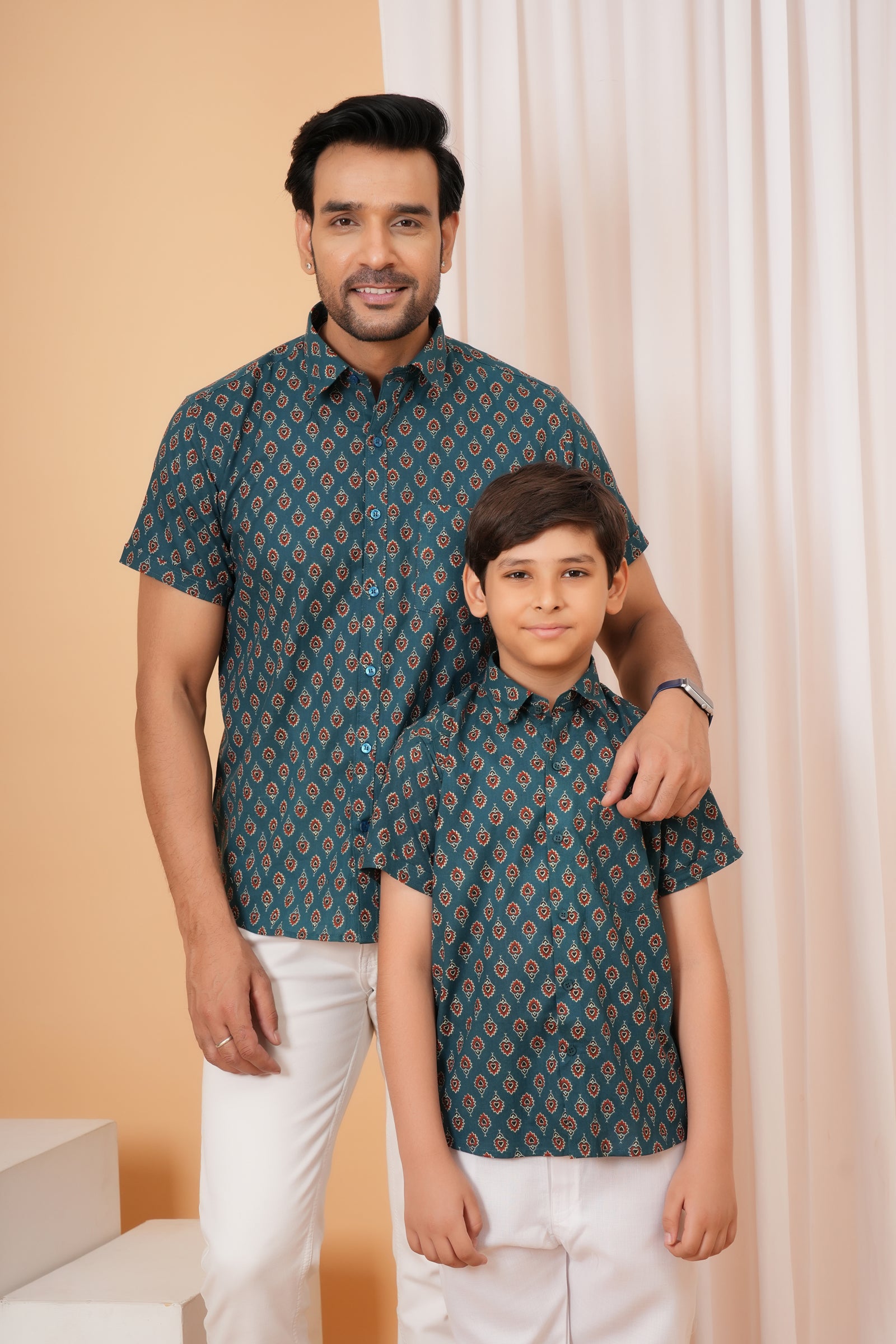 Peacock Green Ajrakh Inspired Printed Cotton Baap Beta Duo Shirt