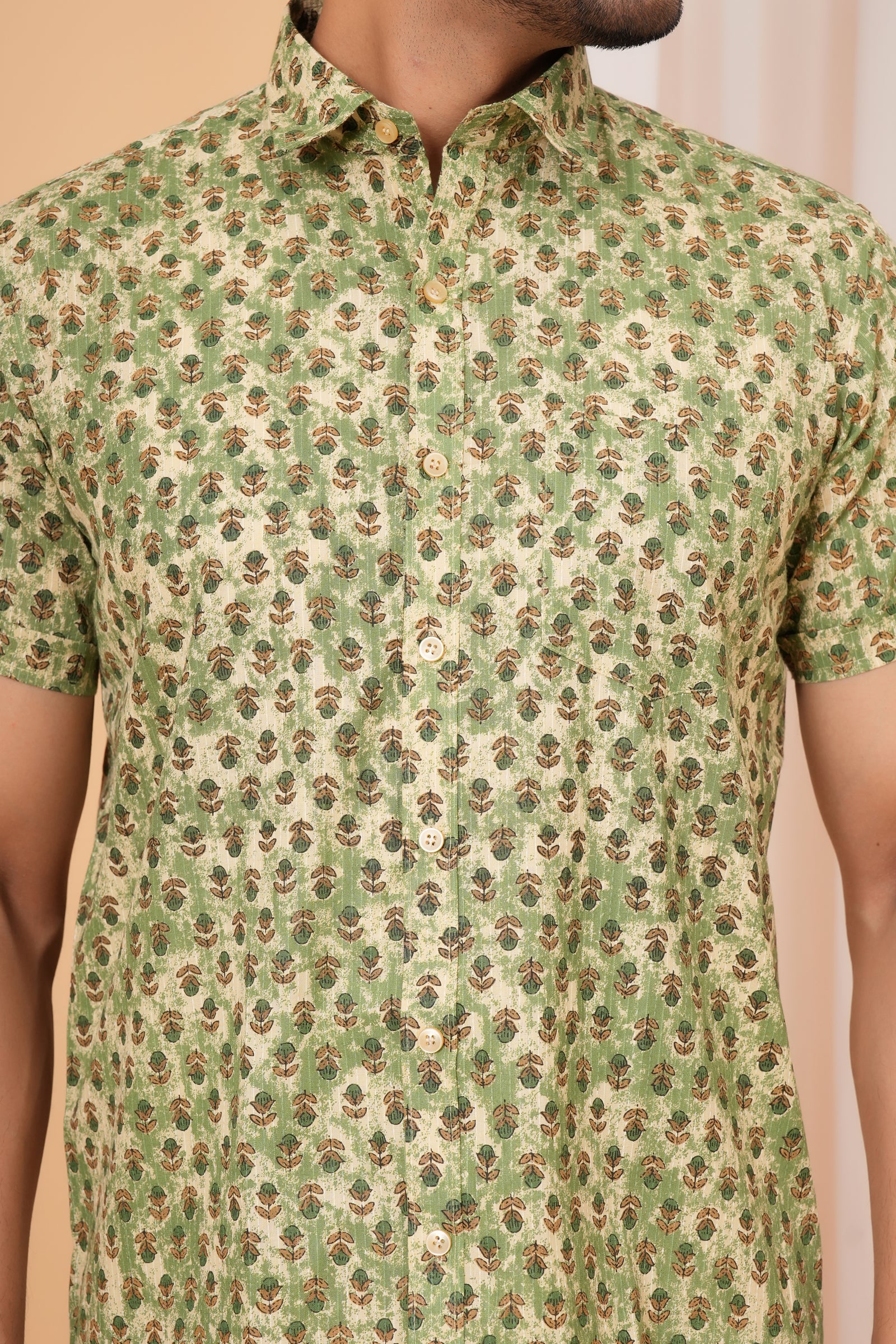 Sage Green Vintage Floral Motif Cotton Baap Beta Duo Shirt