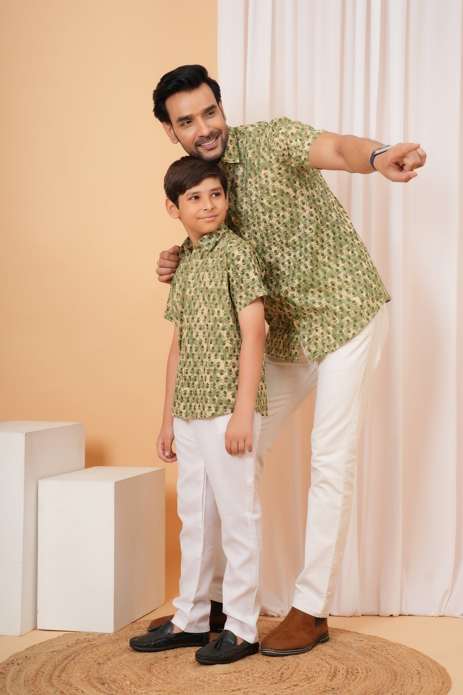 Sage Green Vintage Floral Motif Cotton Baap Beta Duo Shirt