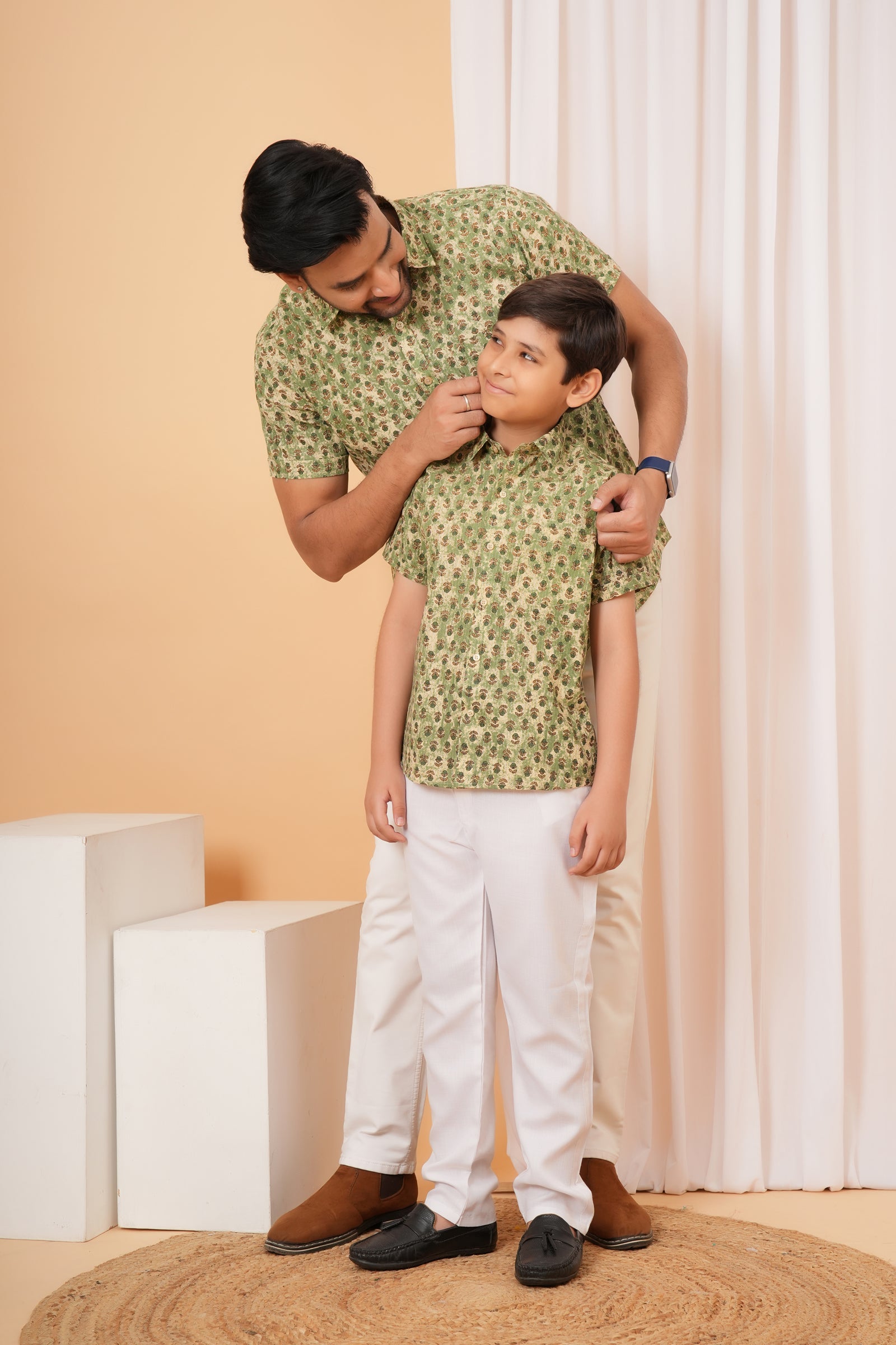 Sage Green Vintage Floral Motif Cotton Baap Beta Duo Shirt