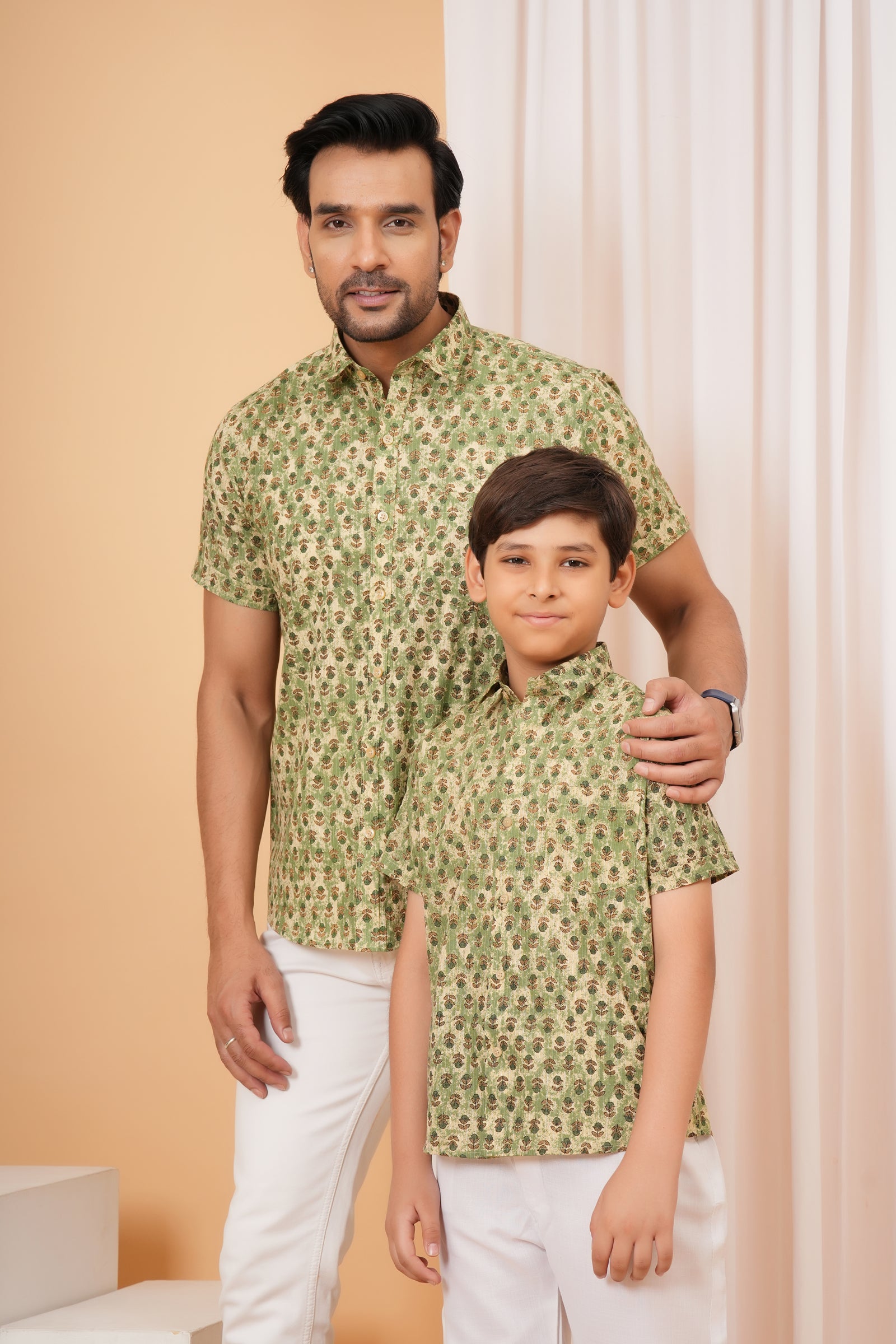 Sage Green Vintage Floral Motif Cotton Baap Beta Duo Shirt