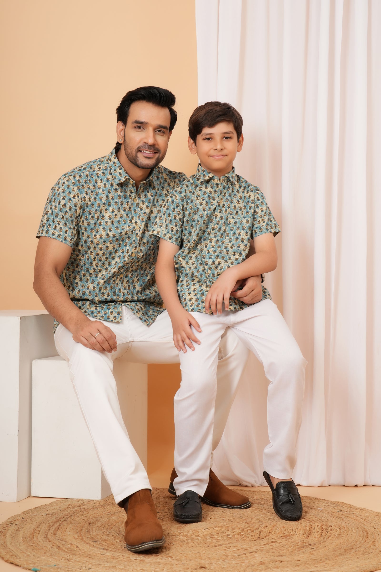 Blue Vintage Floral Motif Cotton Baap Beta Duo Shirt