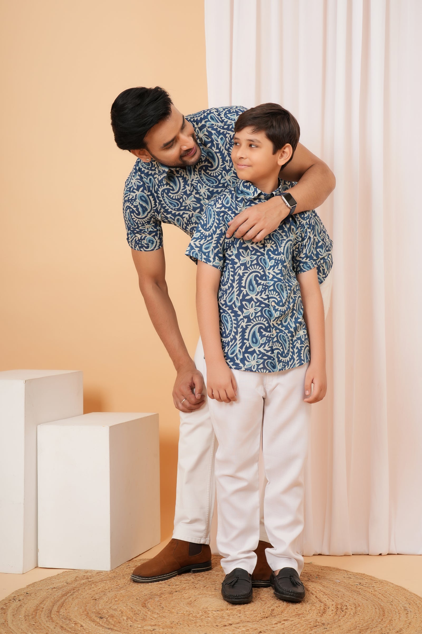 Blue Floral Printed Cotton Baap Beta Duo Shirt
