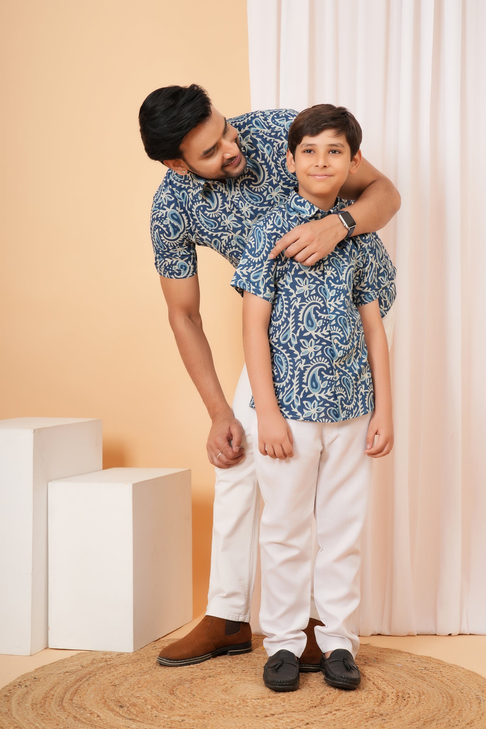 Blue Floral Printed Cotton Baap Beta Duo Shirt