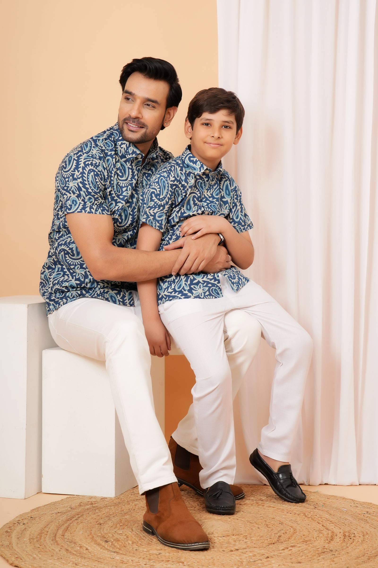 Blue Floral Printed Cotton Baap Beta Duo Shirt
