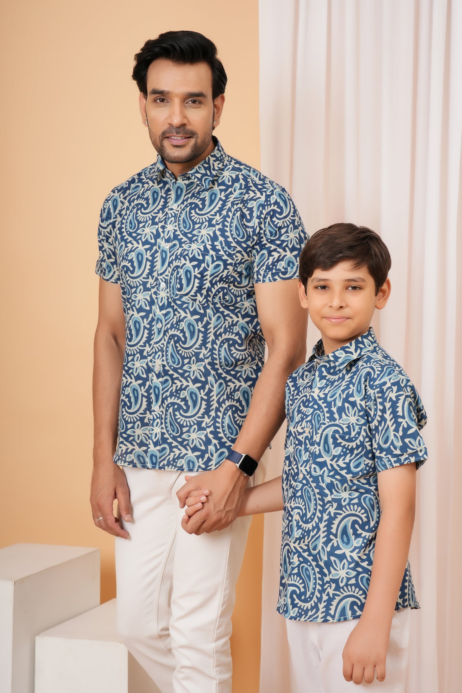 Blue Floral Printed Cotton Baap Beta Duo Shirt