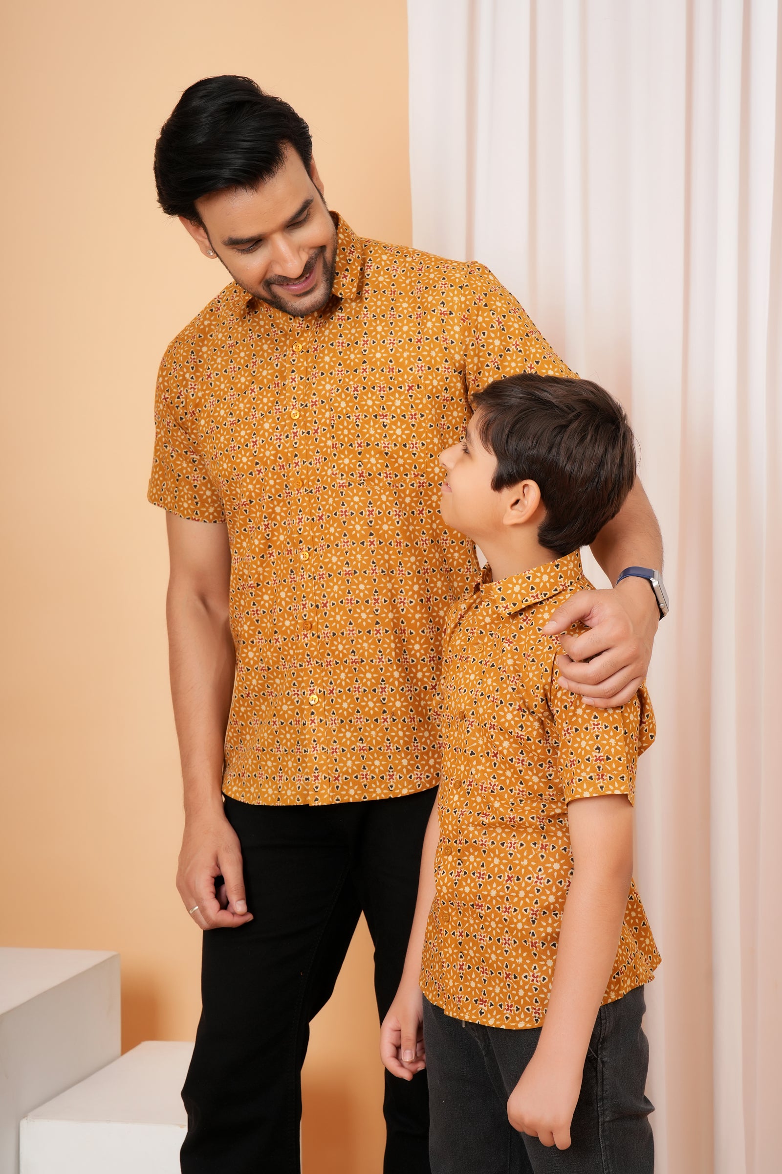 Mustard Ajrakh inspired Printed Cotton Baap Beta Duo Shirt