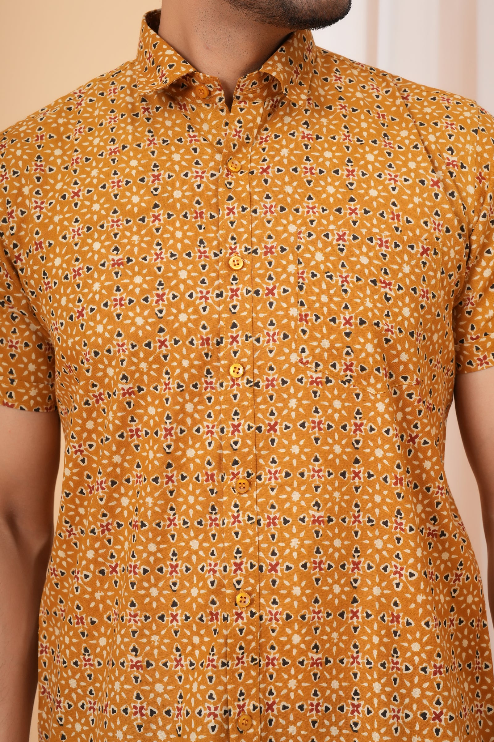 Mustard Ajrakh inspired Printed Cotton Baap Beta Duo Shirt