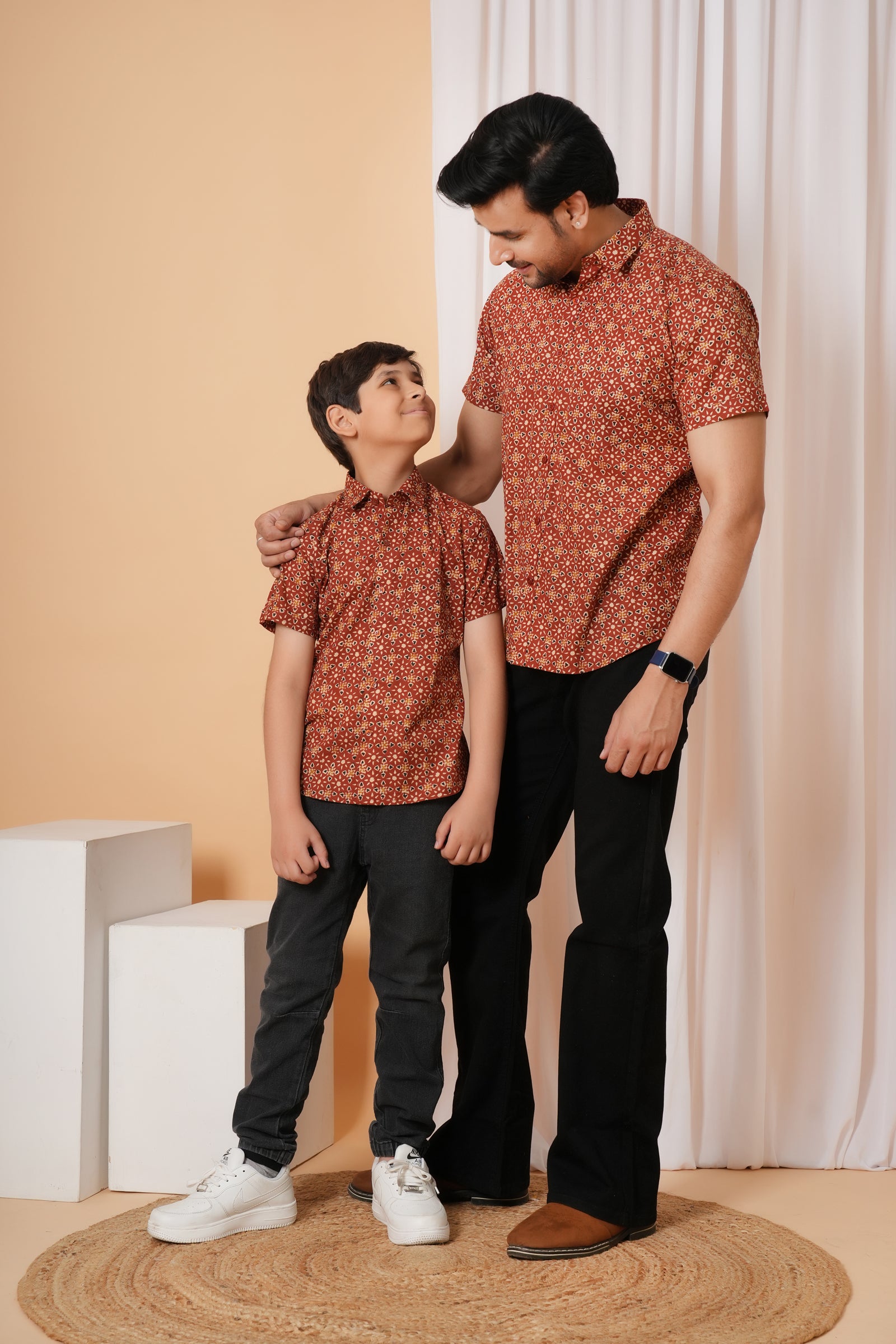 Brick Red Tribal Block Printed Cotton Baap Beta Shirt
