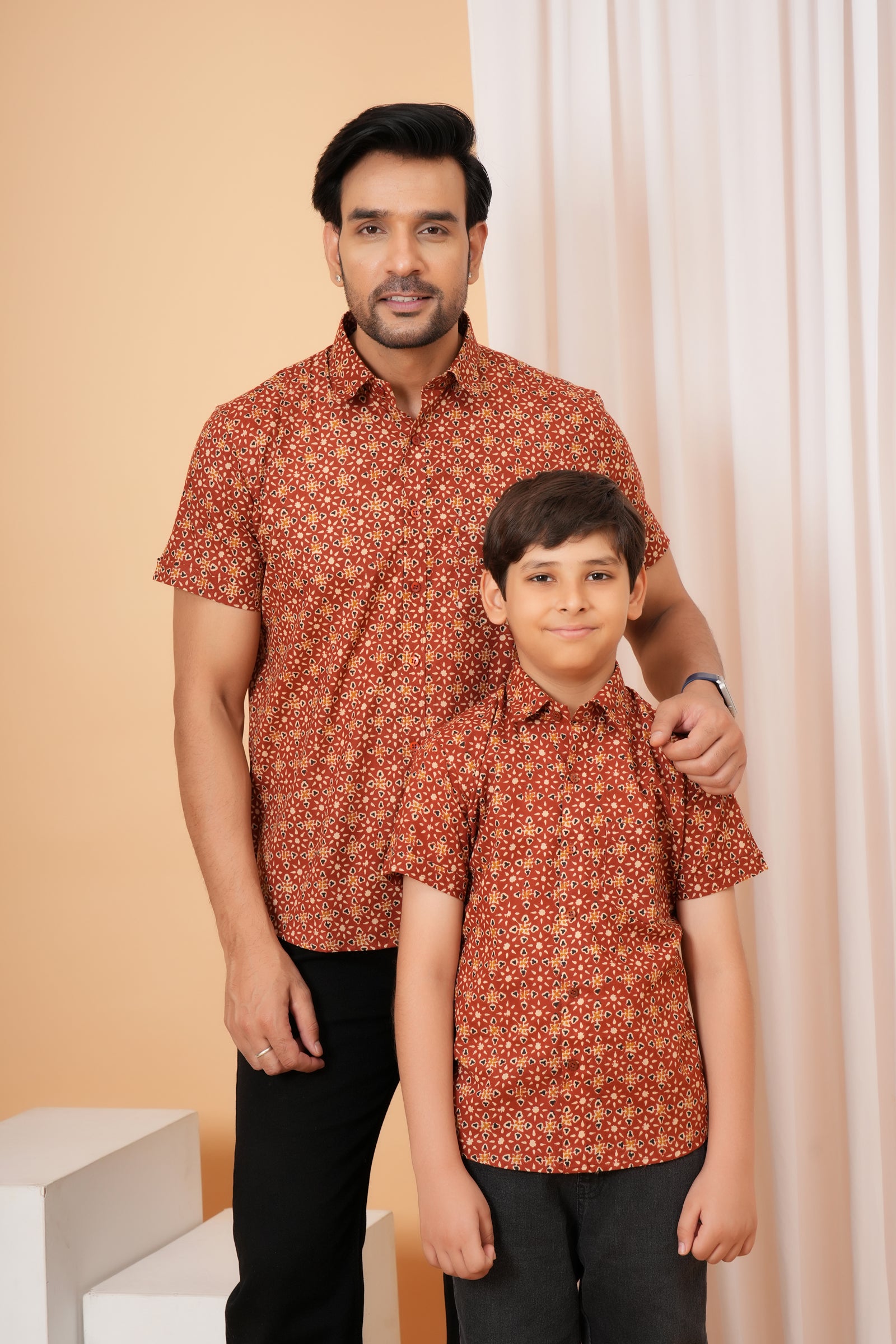Brick Red Tribal Block Printed Cotton Baap Beta Shirt