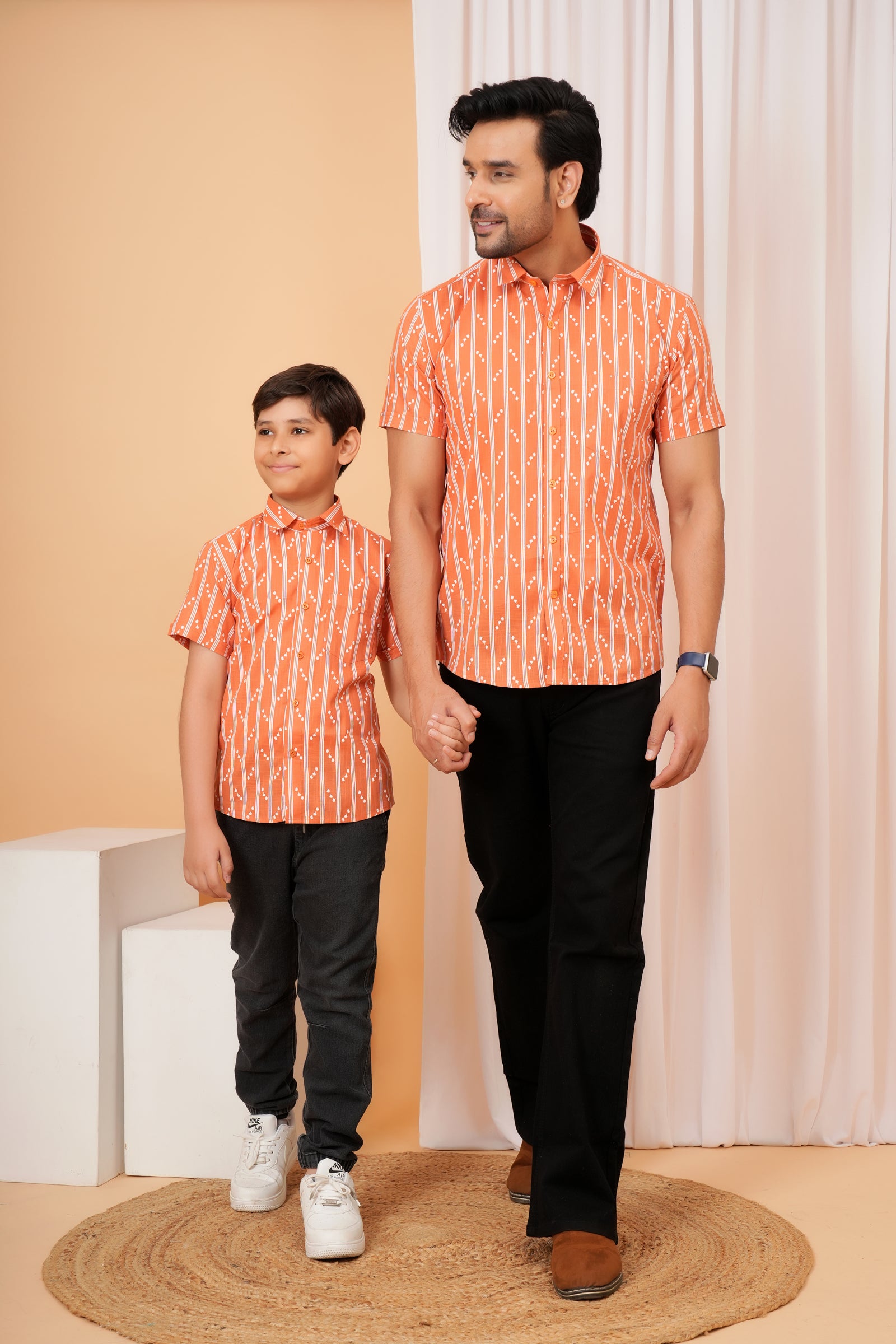 Rust Orange Ethnic Stripe Cotton Baap Beta Duo Shirt