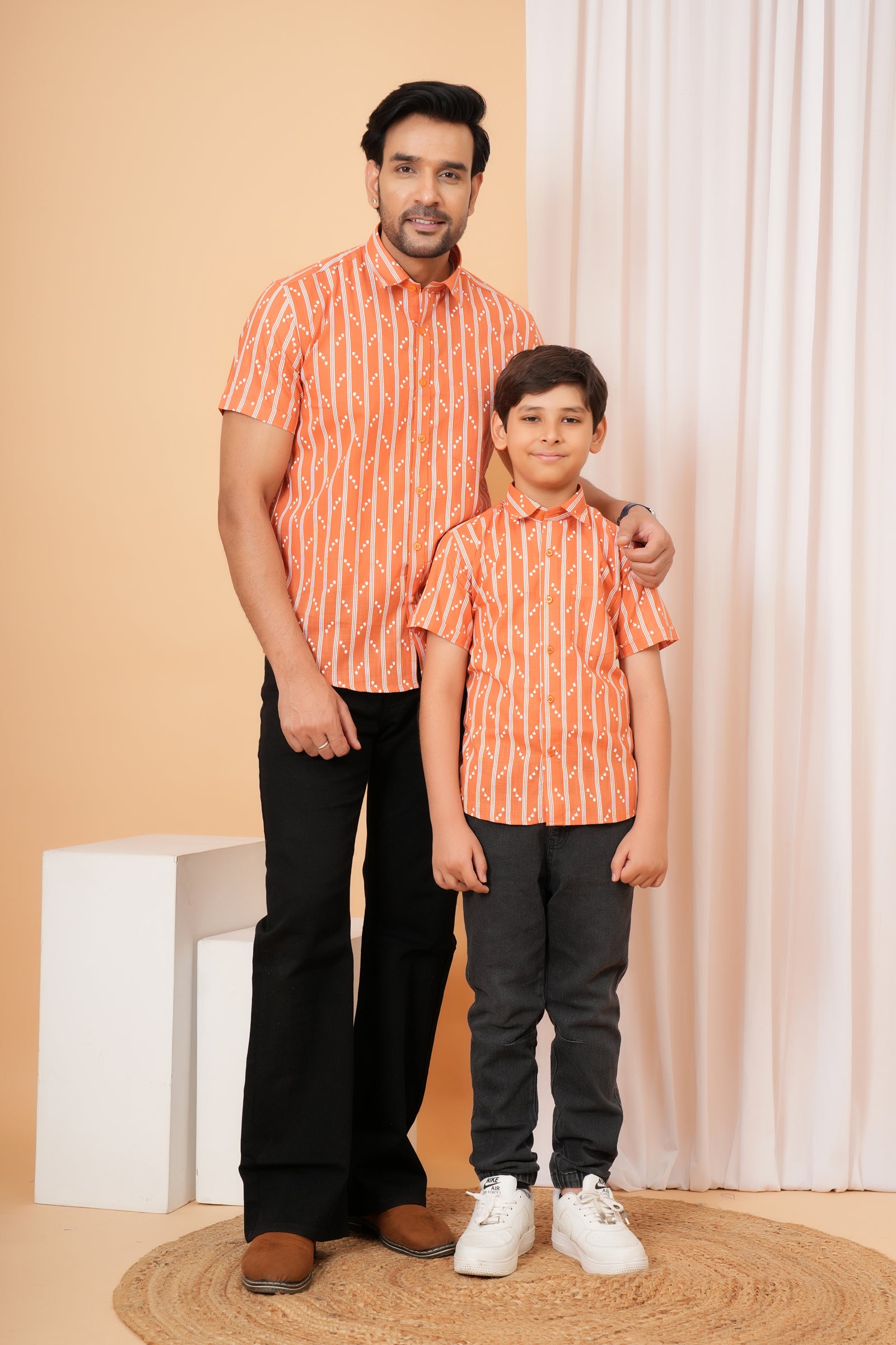 Rust Orange Ethnic Stripe Cotton Baap Beta Duo Shirt