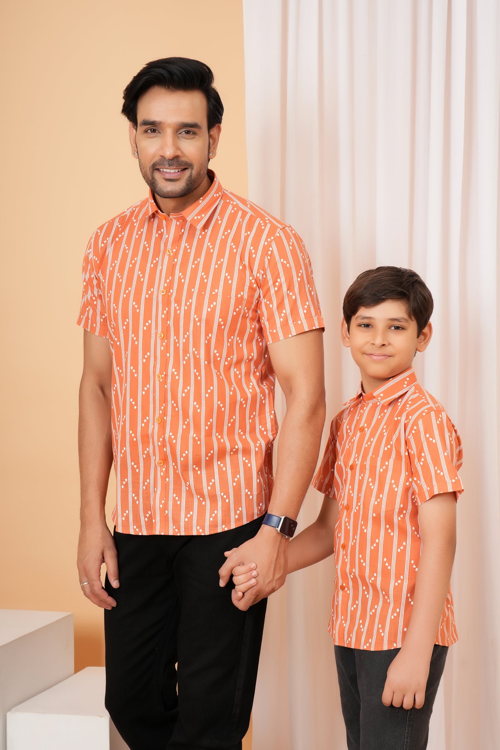 Rust Orange Ethnic Stripe Cotton Baap Beta Duo Shirt