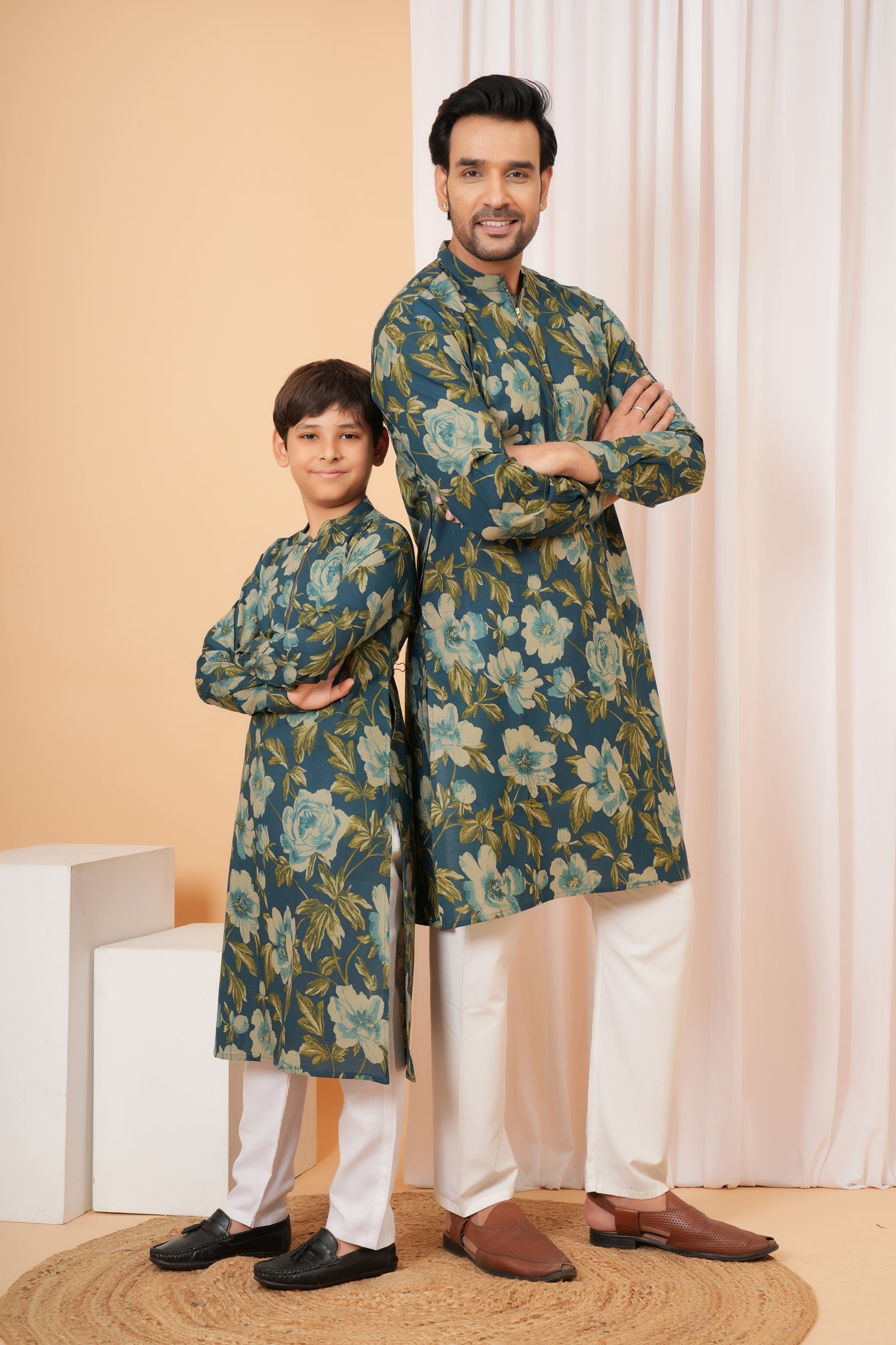 Navy Blue Floral Print Kurta Baap Beta Duo